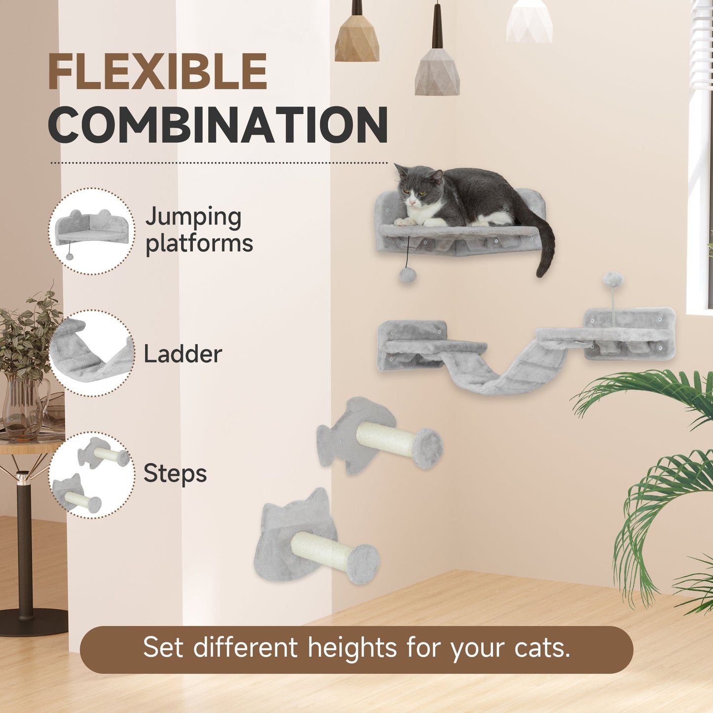 Cat Wall Shelves, 4 Piece Wall-Mounted Cat Tree with Steps, Ladder, Jumping Platforms, Scratching Posts, Toy Ball, Cat Wall Furniture for Indoor Cats, Light Grey