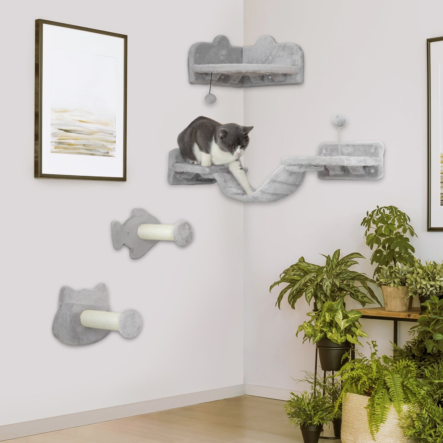 Cat Wall Shelves, 4 Piece Wall-Mounted Cat Tree with Steps, Ladder, Jumping Platforms, Scratching Posts, Toy Ball, Cat Wall Furniture for Indoor Cats, Light Grey