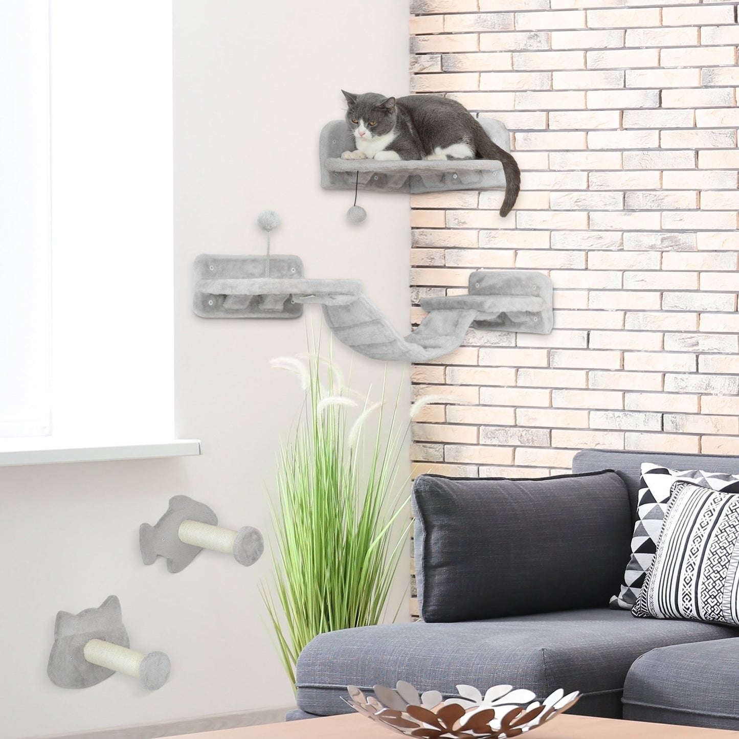 Cat Wall Shelves, 4 Piece Wall-Mounted Cat Tree with Steps, Ladder, Jumping Platforms, Scratching Posts, Toy Ball, Cat Wall Furniture for Indoor Cats, Light Grey