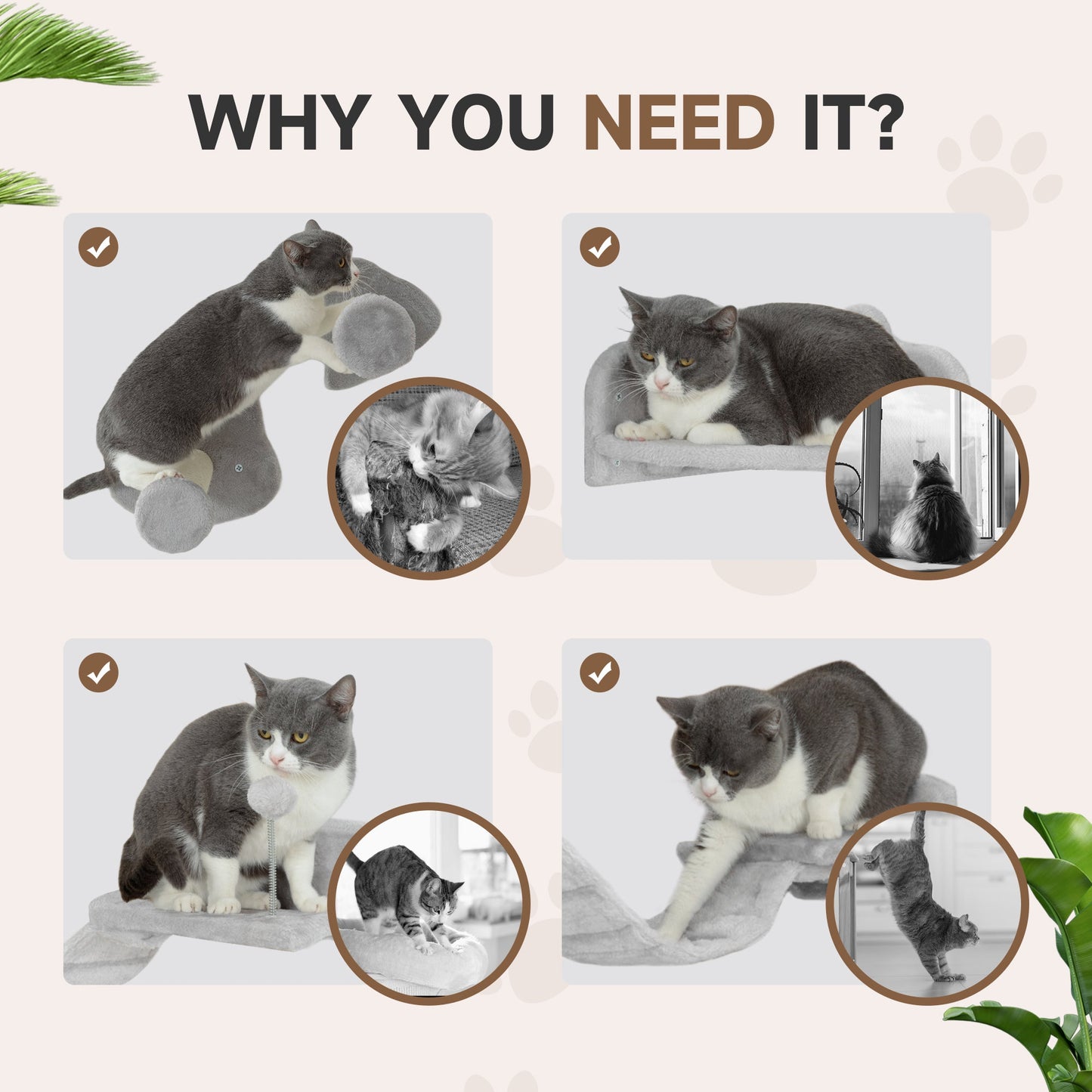 Cat Wall Shelves, 4 Piece Wall-Mounted Cat Tree with Steps, Ladder, Jumping Platforms, Scratching Posts, Toy Ball, Cat Wall Furniture for Indoor Cats, Light Grey