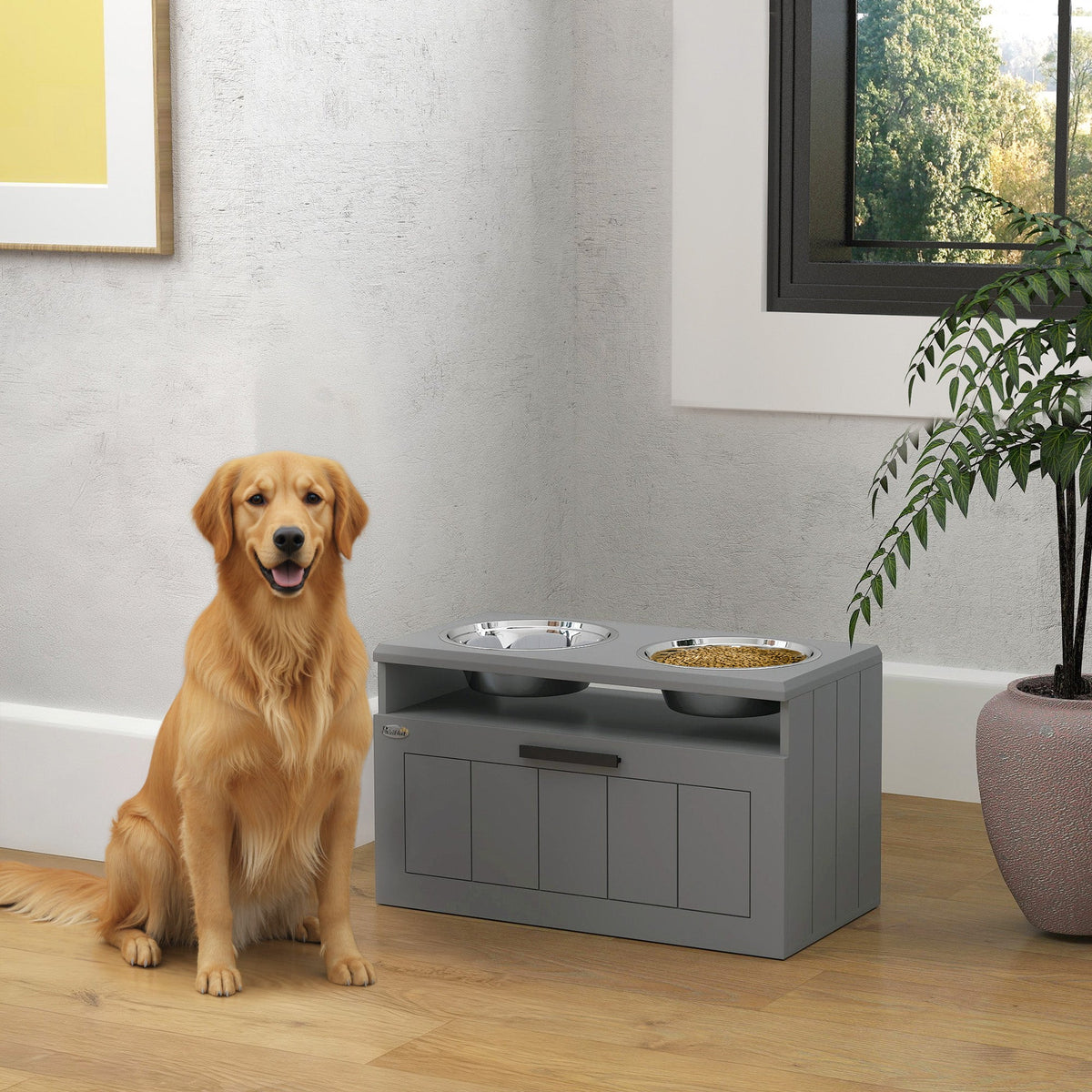Raised Dog Bowl, Elevated Pet Bowls with Slow Feeder, Two Stainless Steel Bowls, Drawer, for Large & Extra Large Dogs, Grey