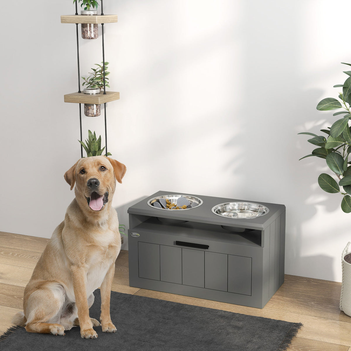 Raised Dog Bowl, Elevated Pet Bowls with Slow Feeder, Two Stainless Steel Bowls, Drawer, for Large & Extra Large Dogs, Grey