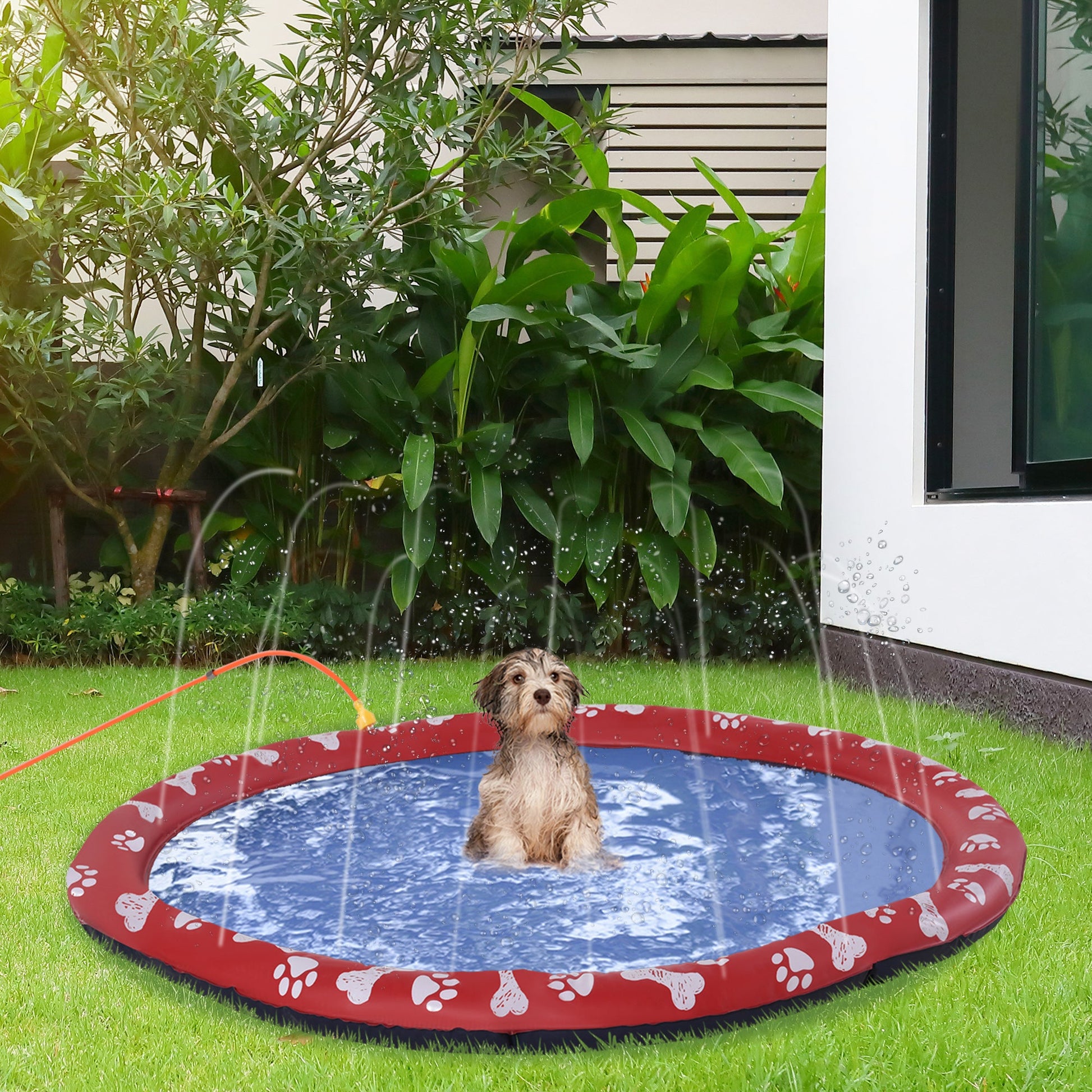Dog Splash Pad, Pet Sprinkler Mat, Non-Slip Dog Paddling Pool, Foldable Outdoor Sprinkler and Splash Mat Water Play for Garden, Patio, Summer Fun, 150 cm