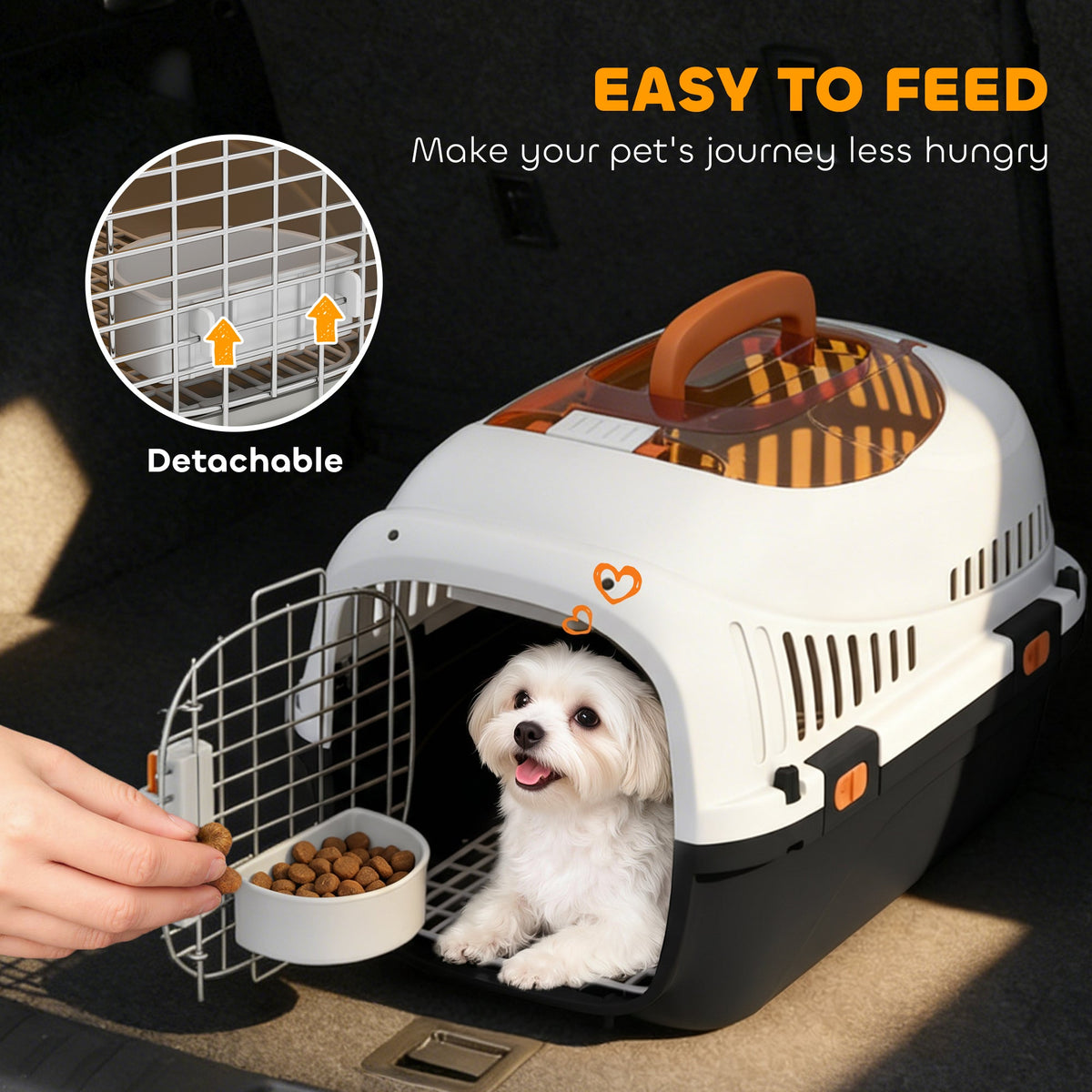 Plastic Cat Carrier, Transport Top Load Pet Carrier Travel Box for Small Dogs and Cats Max 4 KG, 49 x 32 x 31 cm, Steel Door, Feed Bowl, Secure Lock