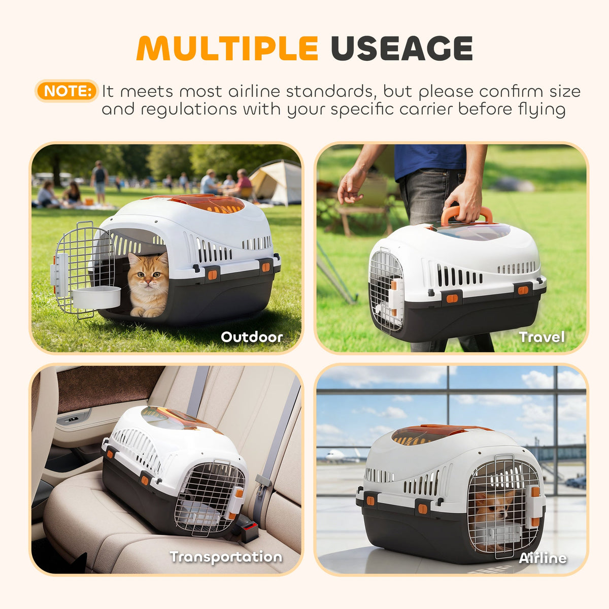 Plastic Cat Carrier, Transport Top Load Pet Carrier Travel Box for Small Dogs and Cats Max 4 KG, 49 x 32 x 31 cm, Steel Door, Feed Bowl, Secure Lock