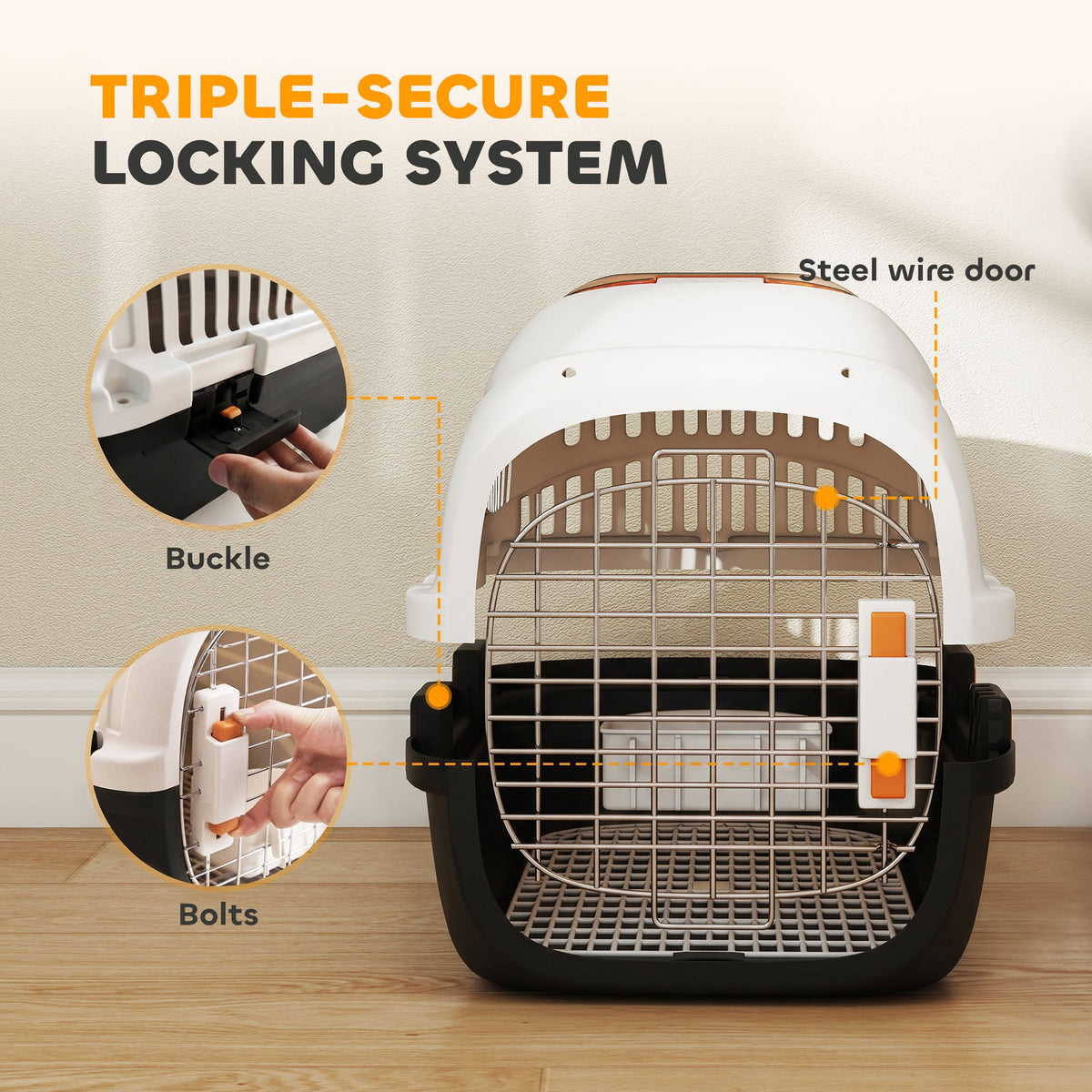 Plastic Cat Carrier, Transport Top Load Pet Carrier Travel Box for Small Dogs and Cats Max 4 KG, 49 x 32 x 31 cm, Steel Door, Feed Bowl, Secure Lock