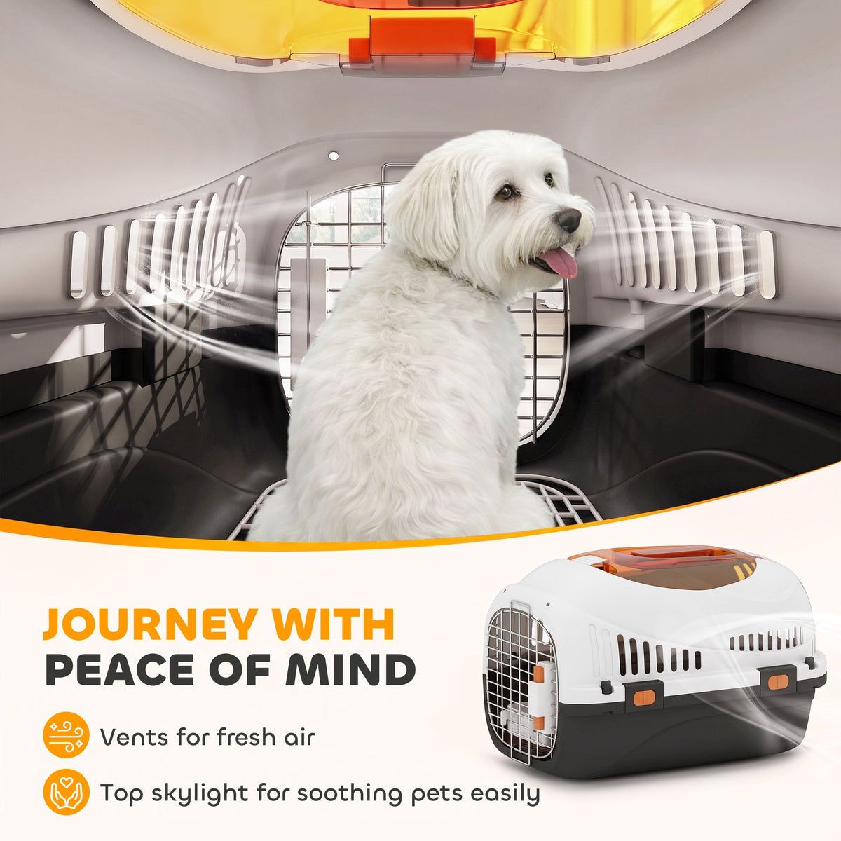 Plastic Cat Carrier, Transport Top Load Pet Carrier Travel Box for Small Dogs and Cats Max 4 KG, 49 x 32 x 31 cm, Steel Door, Feed Bowl, Secure Lock