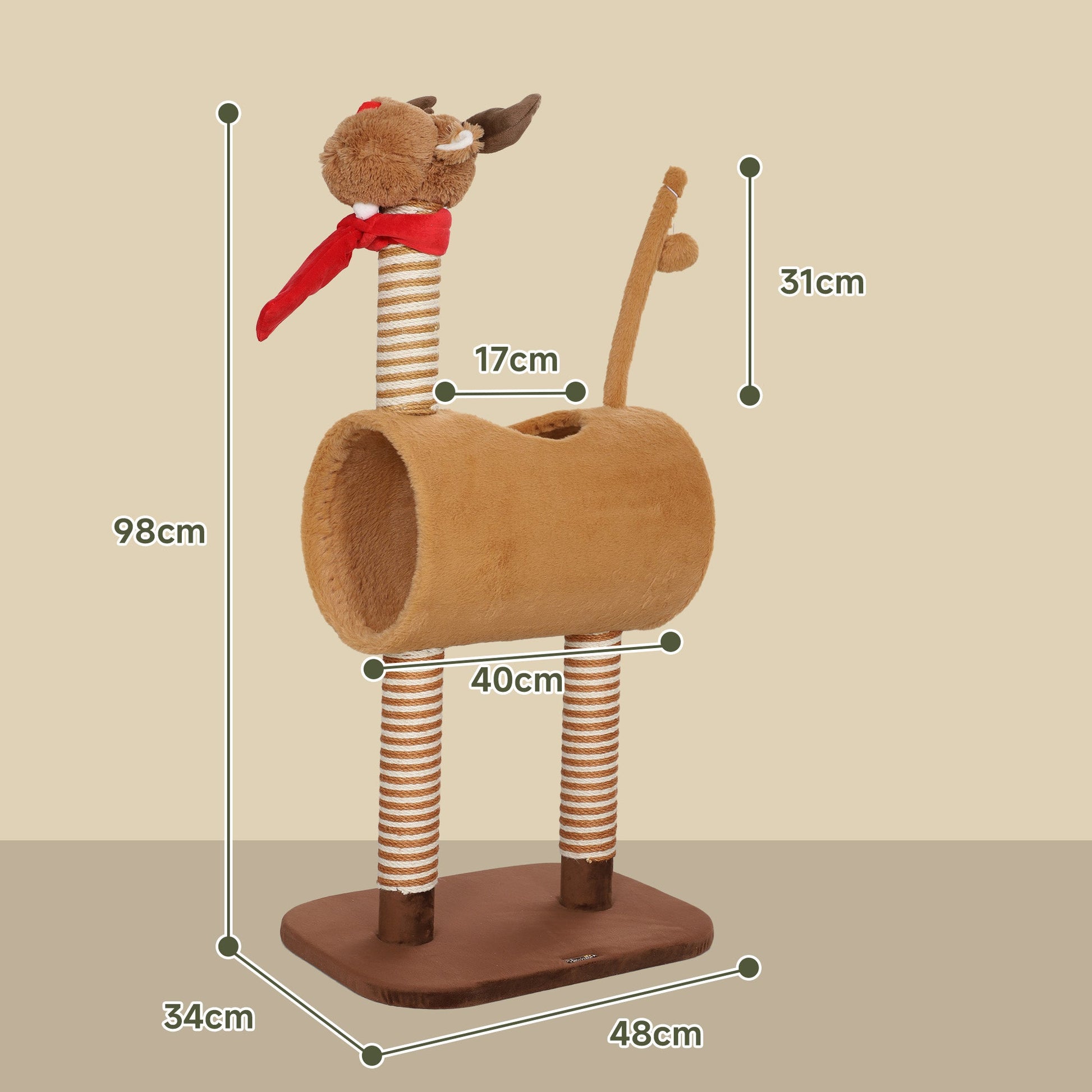 Cat Tree, 98cm Deer-Designed Cat Tower for Indoor Cats, Kittens, with Scratching Posts, Toy Ball, Tunnel, Brown