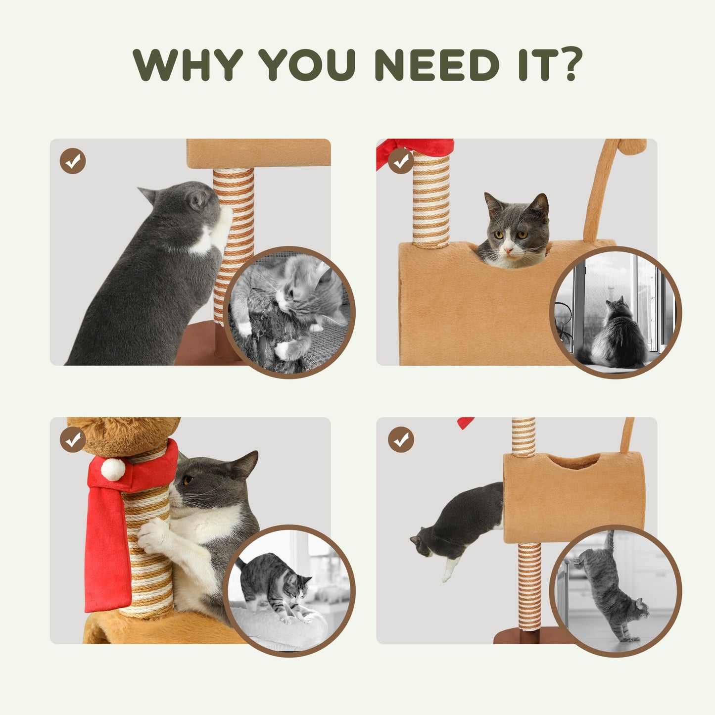 Cat Tree, 98cm Deer-Designed Cat Tower for Indoor Cats, Kittens, with Scratching Posts, Toy Ball, Tunnel, Brown