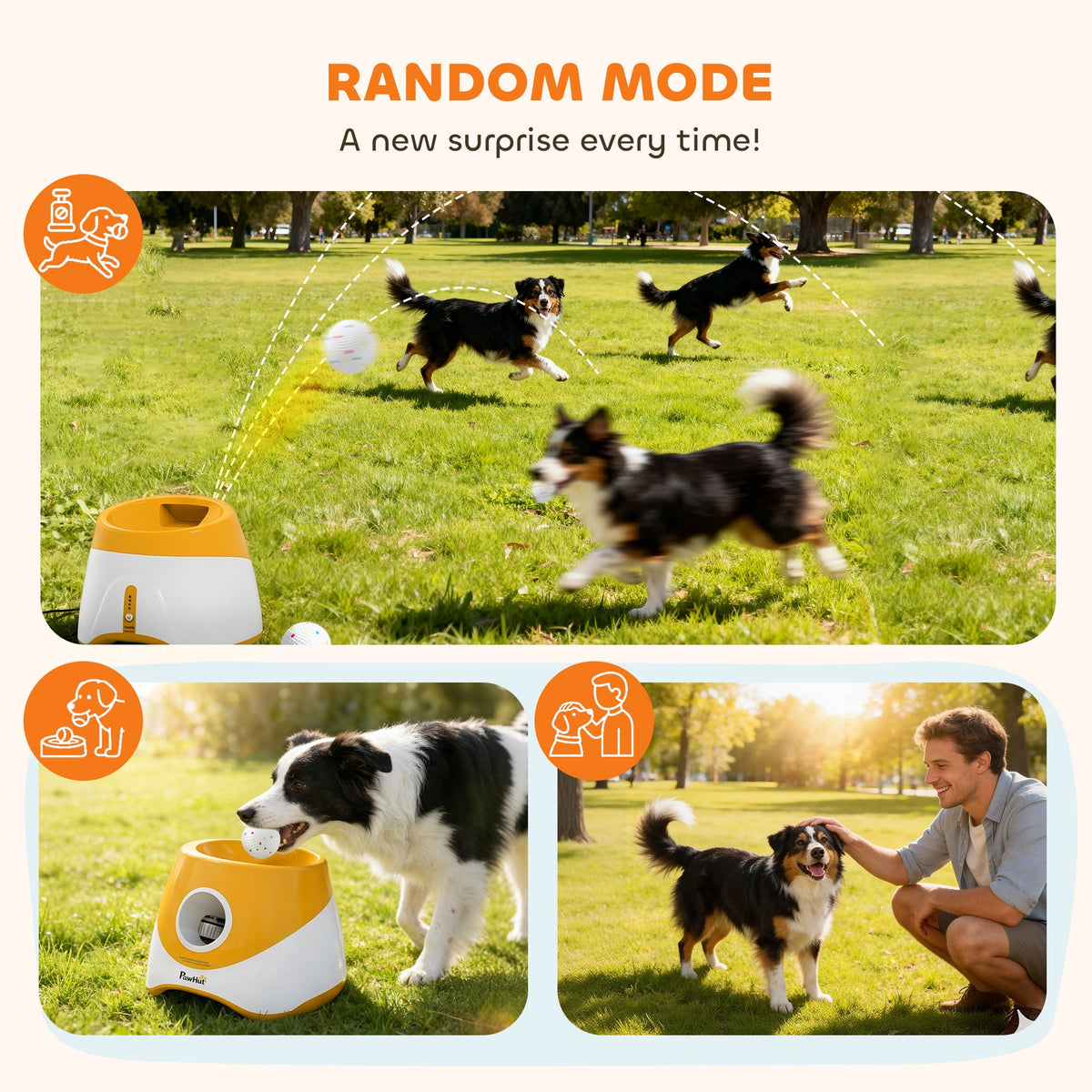 Automatic Dog Ball Launcher with 5 ETPU Balls, Dog Ball Thrower with 3 Distance Settings (6/10/14 m), Indoor Outdoor Interactive Toy for Small Medium Dogs, Orange