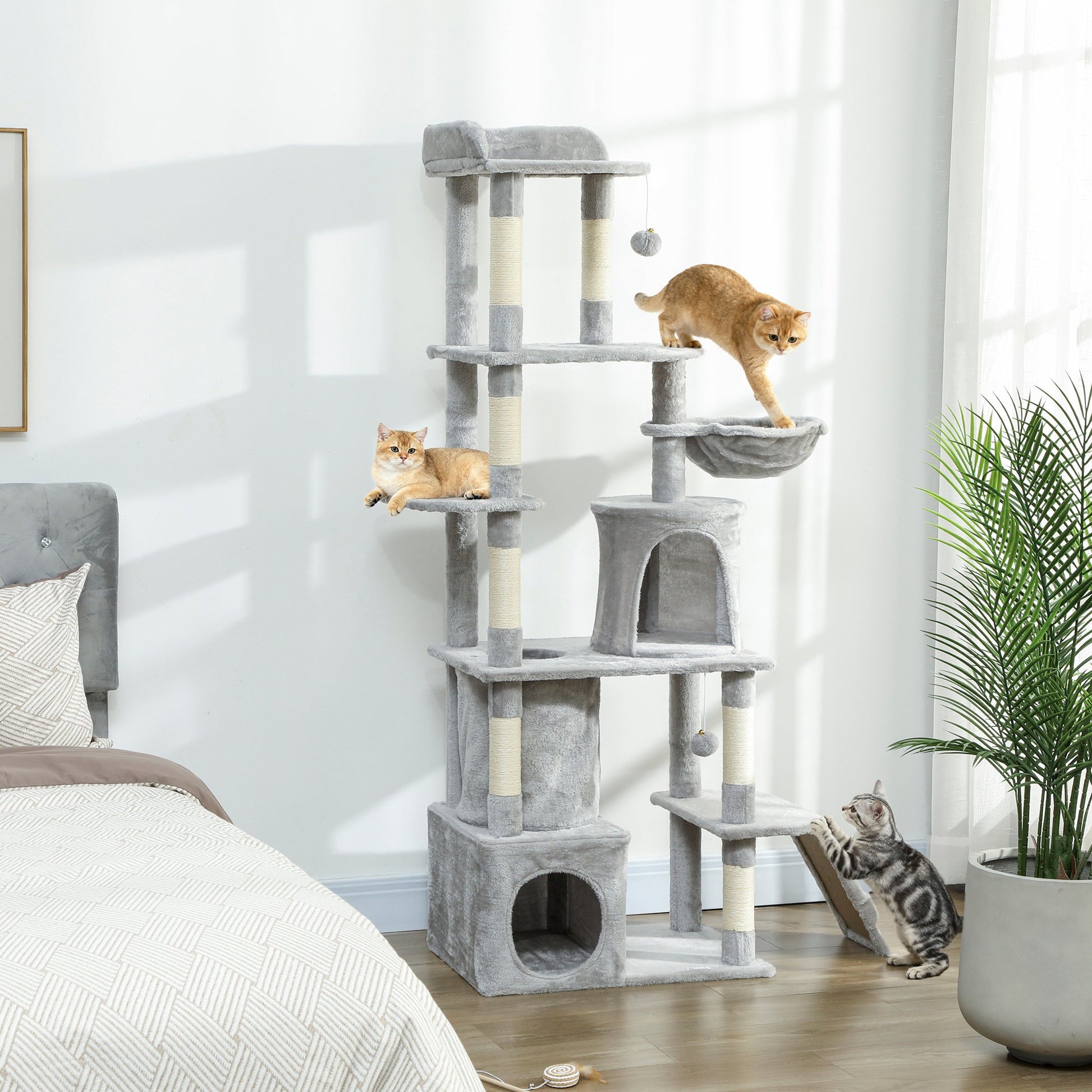 Cat Tree, 170 cm Large Cat Tower with 7 Scratching Posts, 1 Tunnel, 2 Condos, 1 Hammock, 1 Perch, 1 Ramp, 3 Platforms, 2 Pompoms, Multi-Level Kitty House for Indoor Kittens, Light Grey