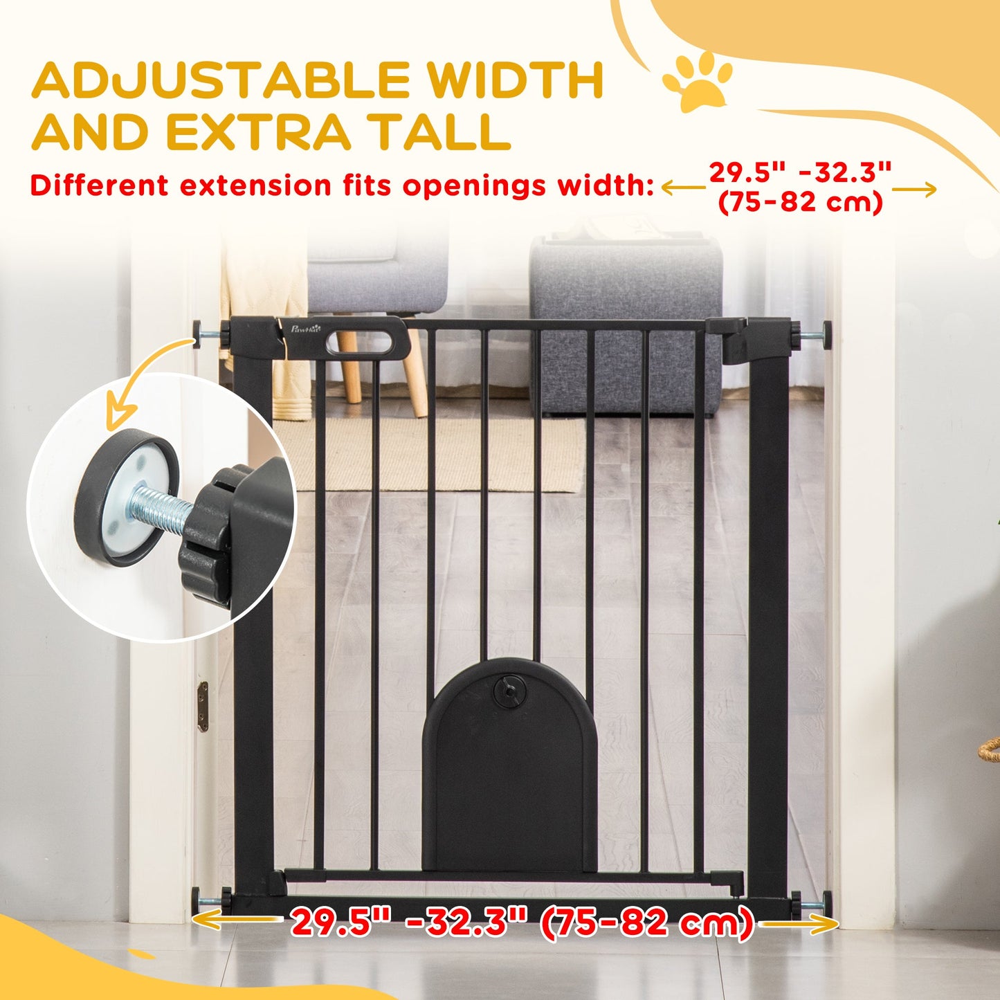 Dog Gate with Cat Flap Pet Safety Gate Barrier, Stair Pressure Fit, Auto Close, Double Locking, for Doorways, Hallways, 75-82 cm Black