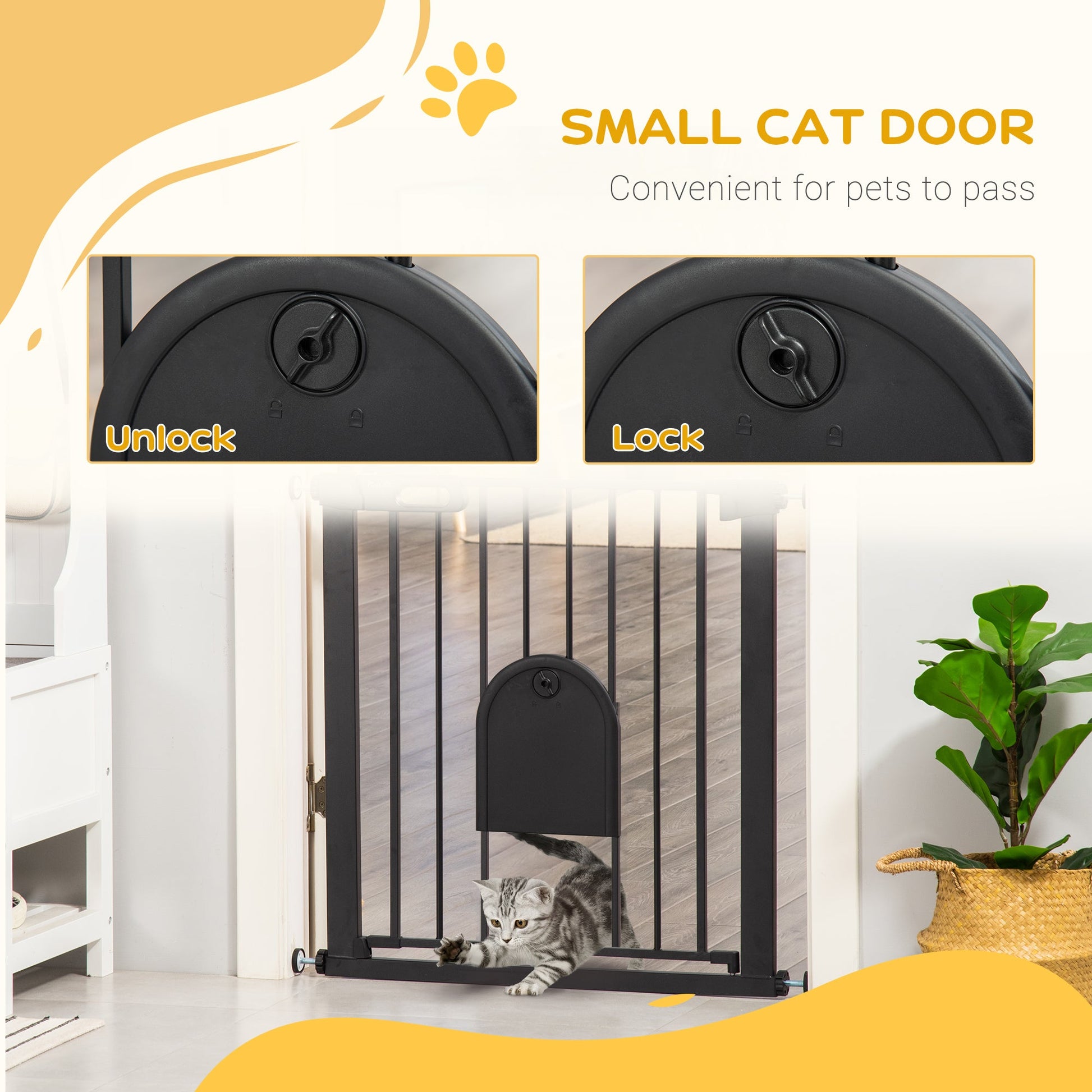Dog Gate with Cat Flap Pet Safety Gate Barrier, Stair Pressure Fit, Auto Close, Double Locking, for Doorways, Hallways, 75-82 cm Black