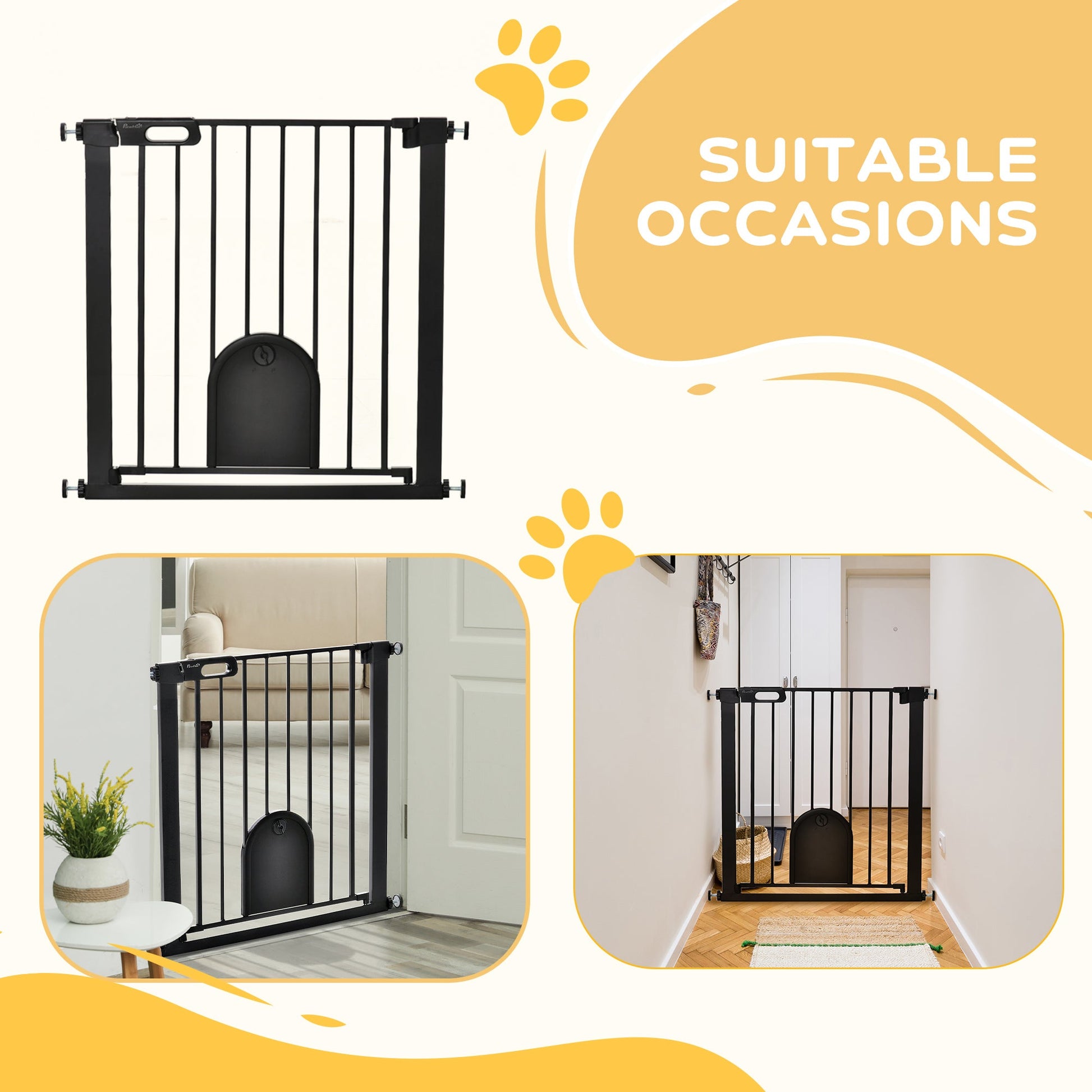 Dog Gate with Cat Flap Pet Safety Gate Barrier, Stair Pressure Fit, Auto Close, Double Locking, for Doorways, Hallways, 75-82 cm Black