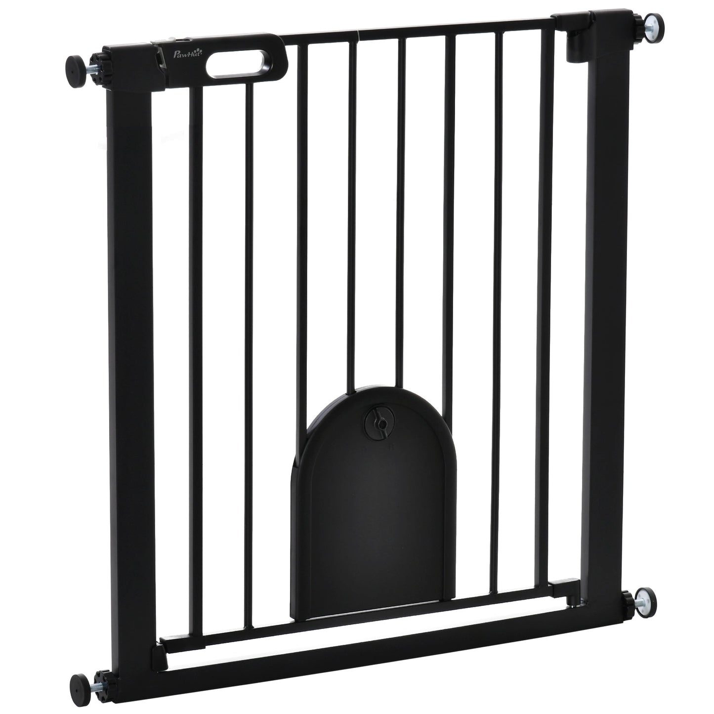 Dog Gate with Cat Flap Pet Safety Gate Barrier, Stair Pressure Fit, Auto Close, Double Locking, for Doorways, Hallways, 75-82 cm Black