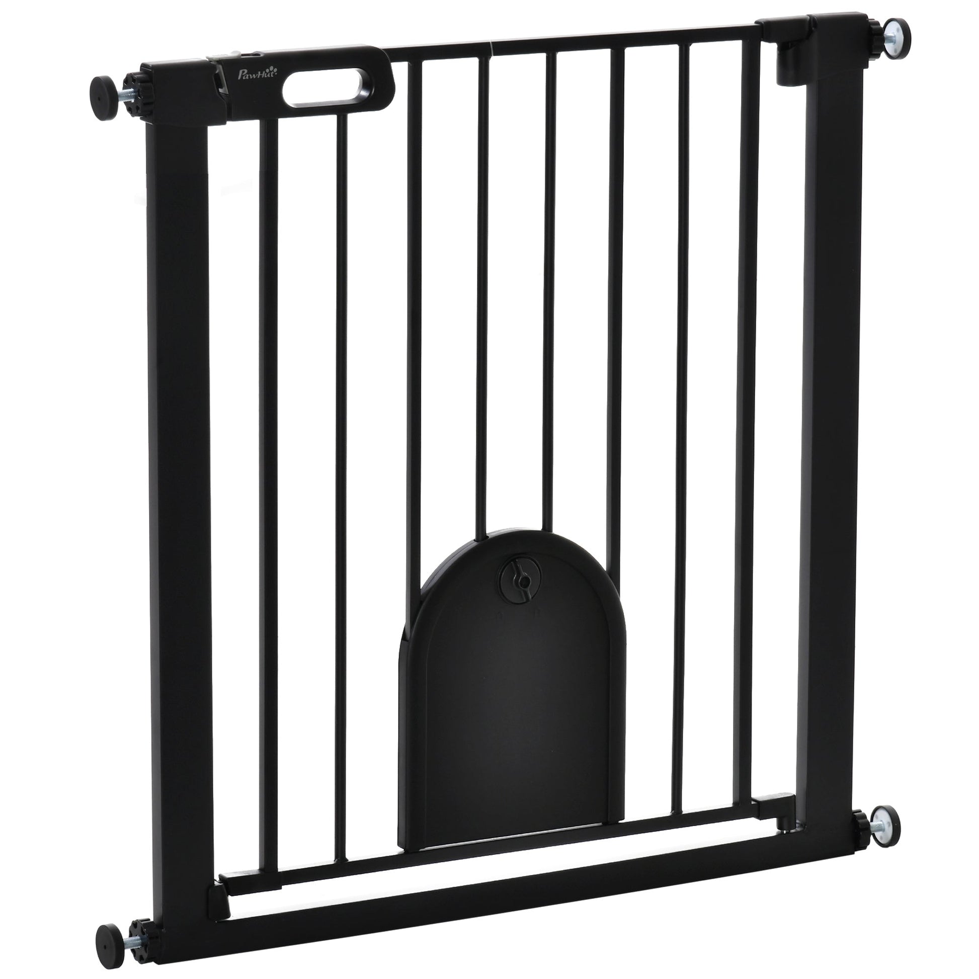 Dog Gate with Cat Flap Pet Safety Gate Barrier, Stair Pressure Fit, Auto Close, Double Locking, for Doorways, Hallways, 75-82 cm Black