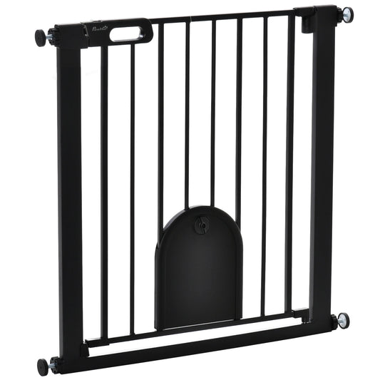 Dog Gate with Cat Flap Pet Safety Gate Barrier, Stair Pressure Fit, Auto Close, Double Locking, for Doorways, Hallways, 75-82 cm Black