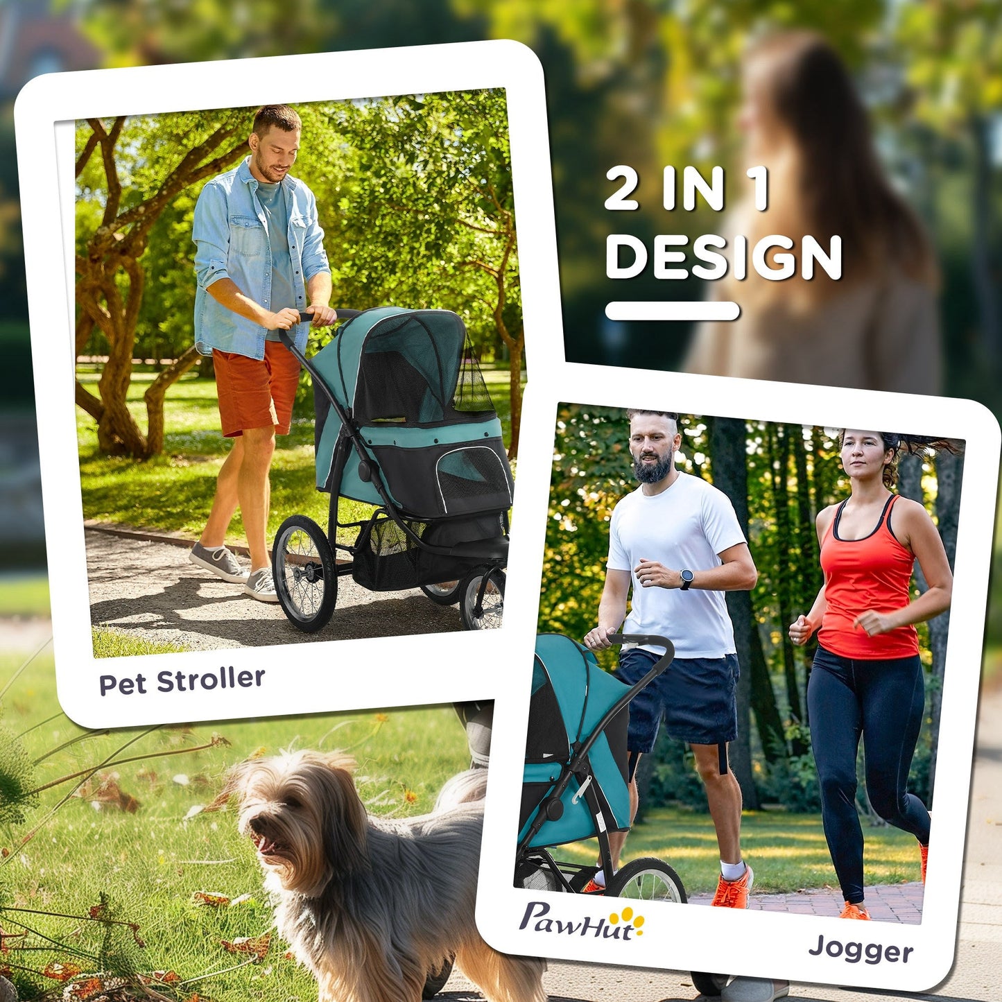 Dog Pram Dog Stroller Jogger Foldable Pet Pushchair for Medium, Small Dogs, w/ Rubber Wheels, Washable Cushion - Dark Green