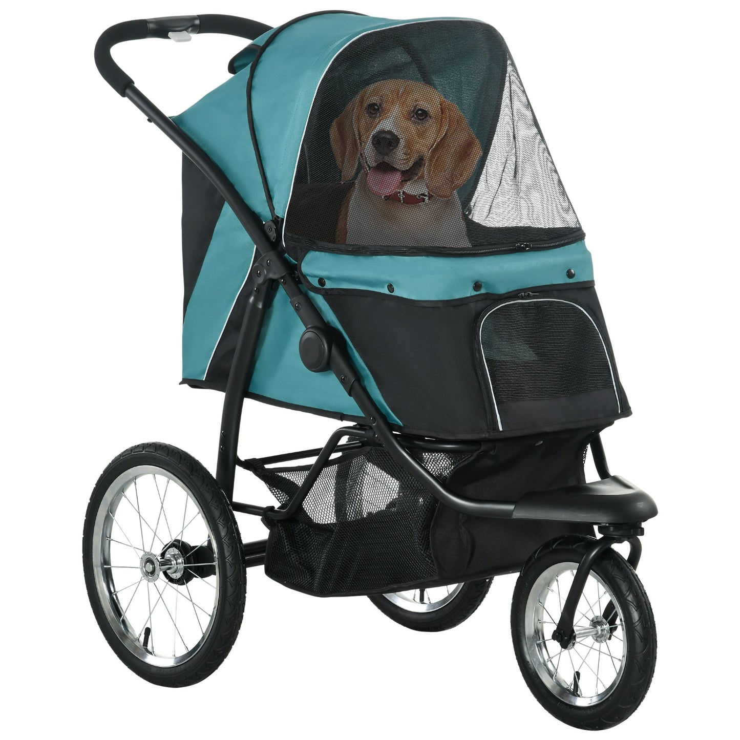 Dog Pram Dog Stroller Jogger Foldable Pet Pushchair for Medium, Small Dogs, w/ Rubber Wheels, Washable Cushion - Dark Green