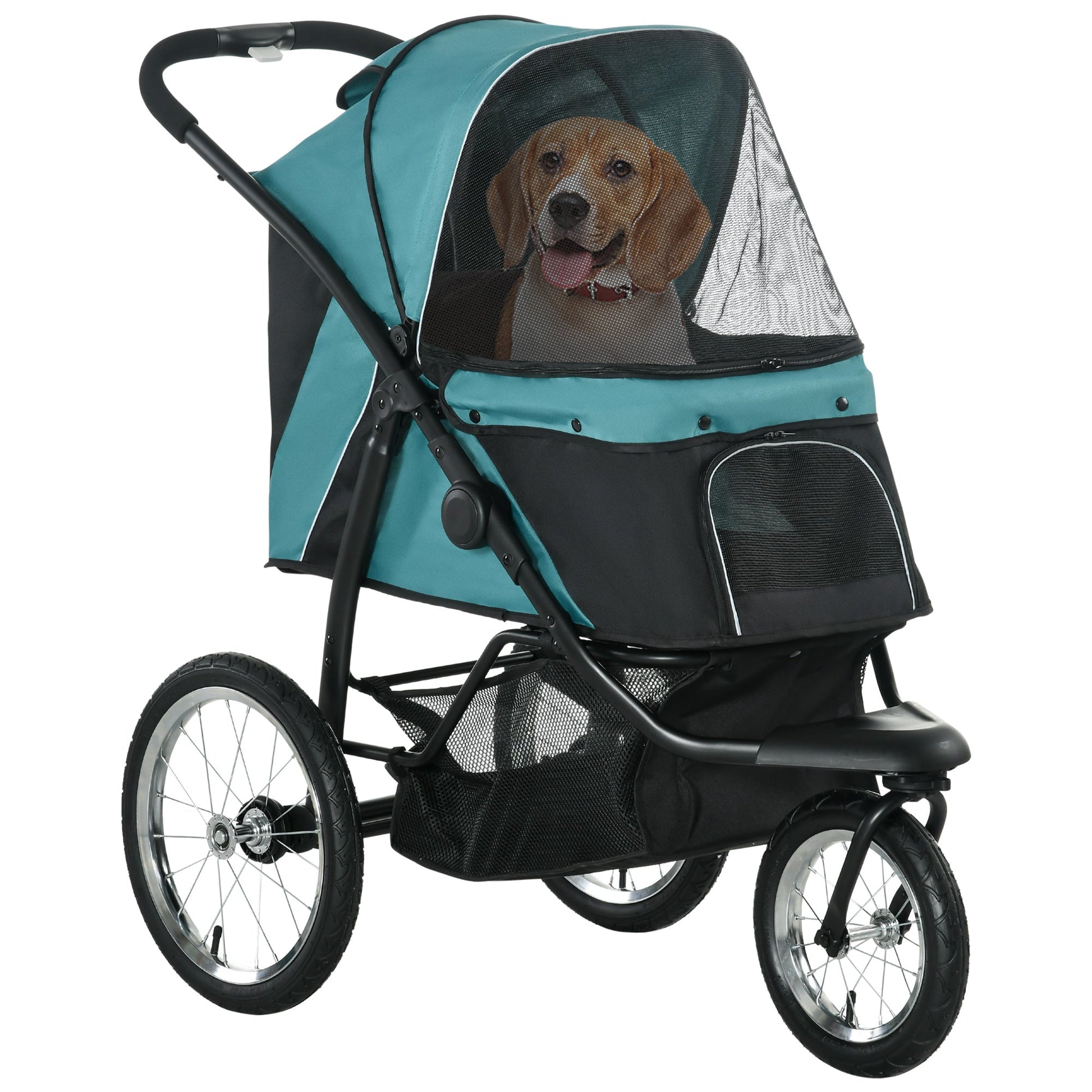 Dog Pram Dog Stroller Jogger Foldable Pet Pushchair for Medium, Small Dogs, w/ Rubber Wheels, Washable Cushion - Dark Green