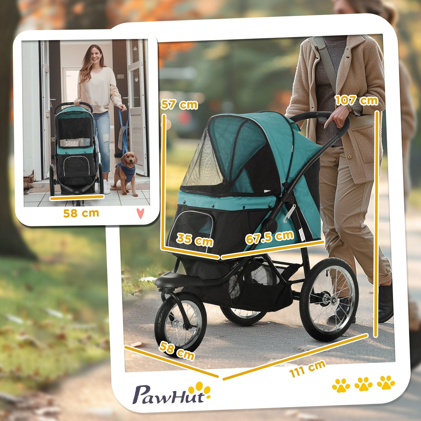 Dog Pram Dog Stroller Jogger Foldable Pet Pushchair for Medium, Small Dogs, w/ Rubber Wheels, Washable Cushion - Dark Green