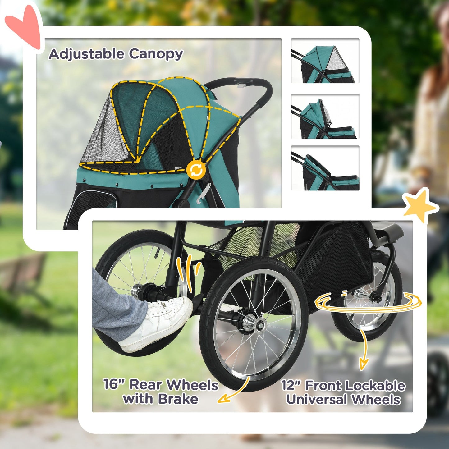 Dog Pram Dog Stroller Jogger Foldable Pet Pushchair for Medium, Small Dogs, w/ Rubber Wheels, Washable Cushion - Dark Green