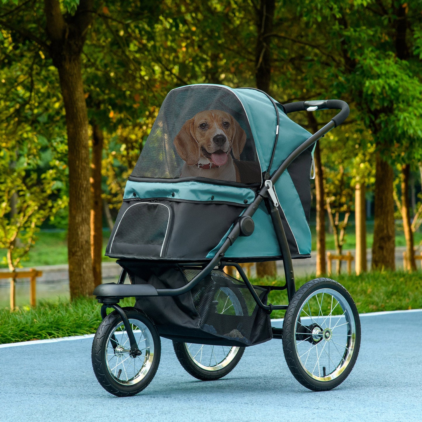 Dog Pram Dog Stroller Jogger Foldable Pet Pushchair for Medium, Small Dogs, w/ Rubber Wheels, Washable Cushion - Dark Green