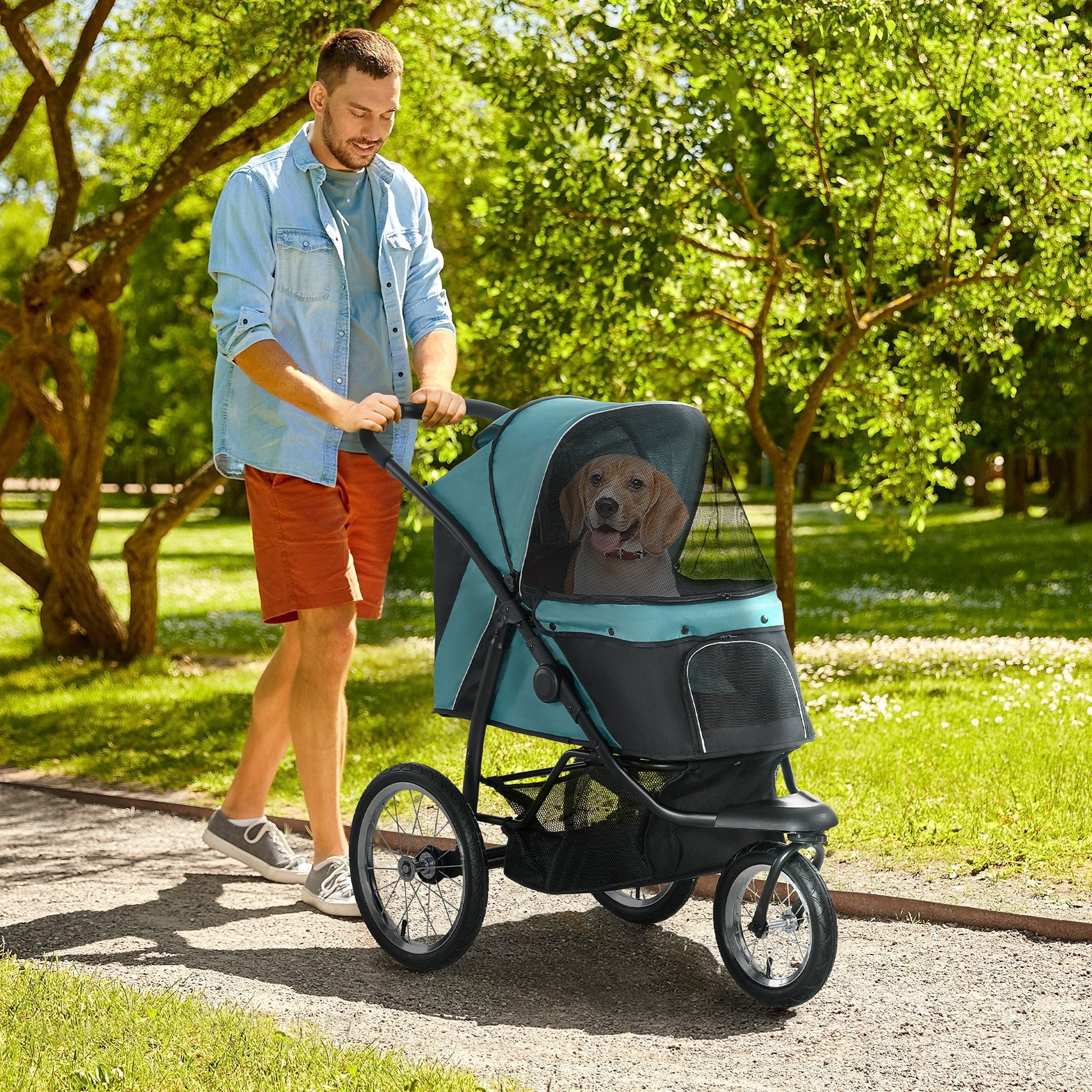 Dog Pram Dog Stroller Jogger Foldable Pet Pushchair for Medium, Small Dogs, w/ Rubber Wheels, Washable Cushion - Dark Green
