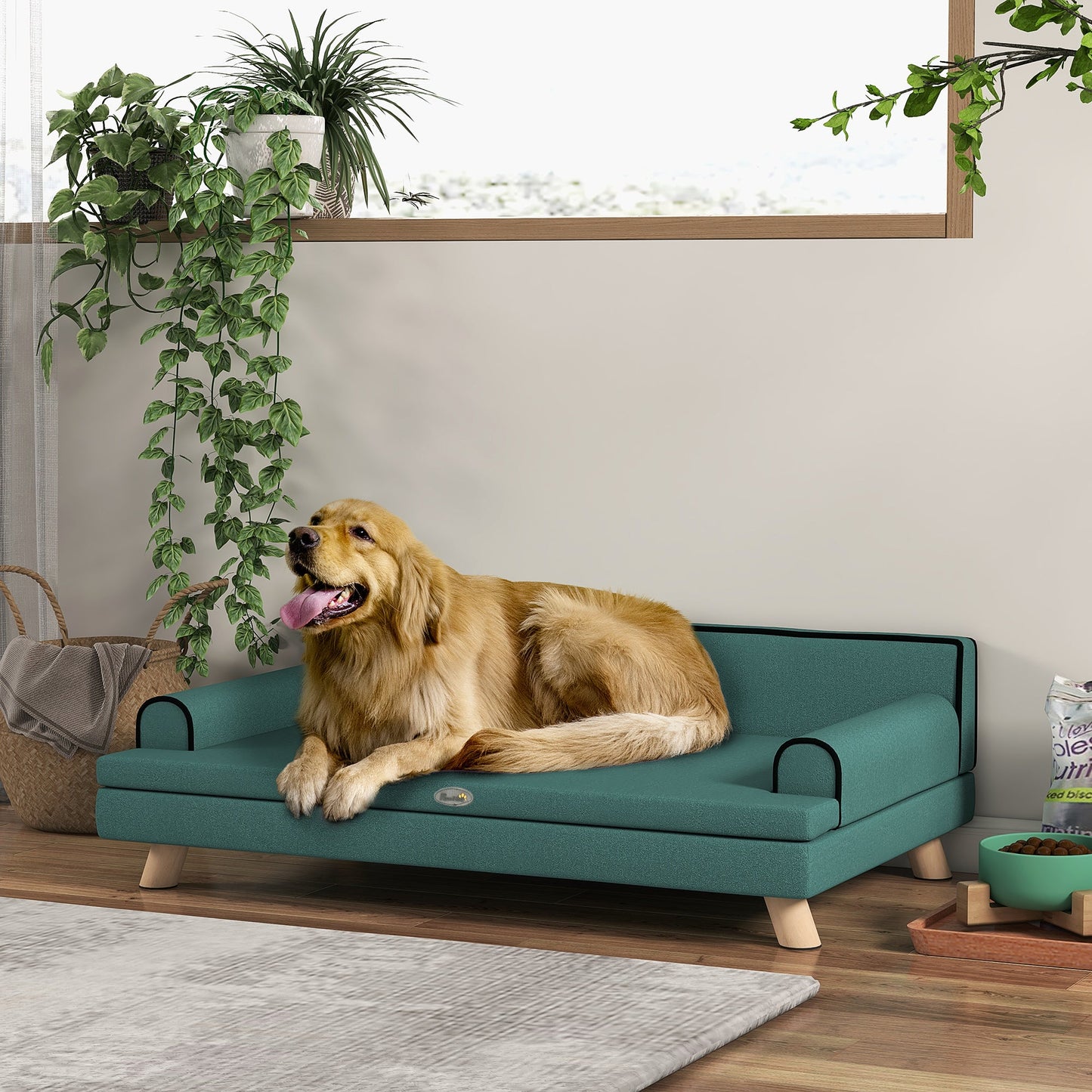 Dog Sofa with Legs Water-resistant Fabric, Pet Chair Bed for Large, Medium Dogs, Green, 100 x 62 x 32 cm