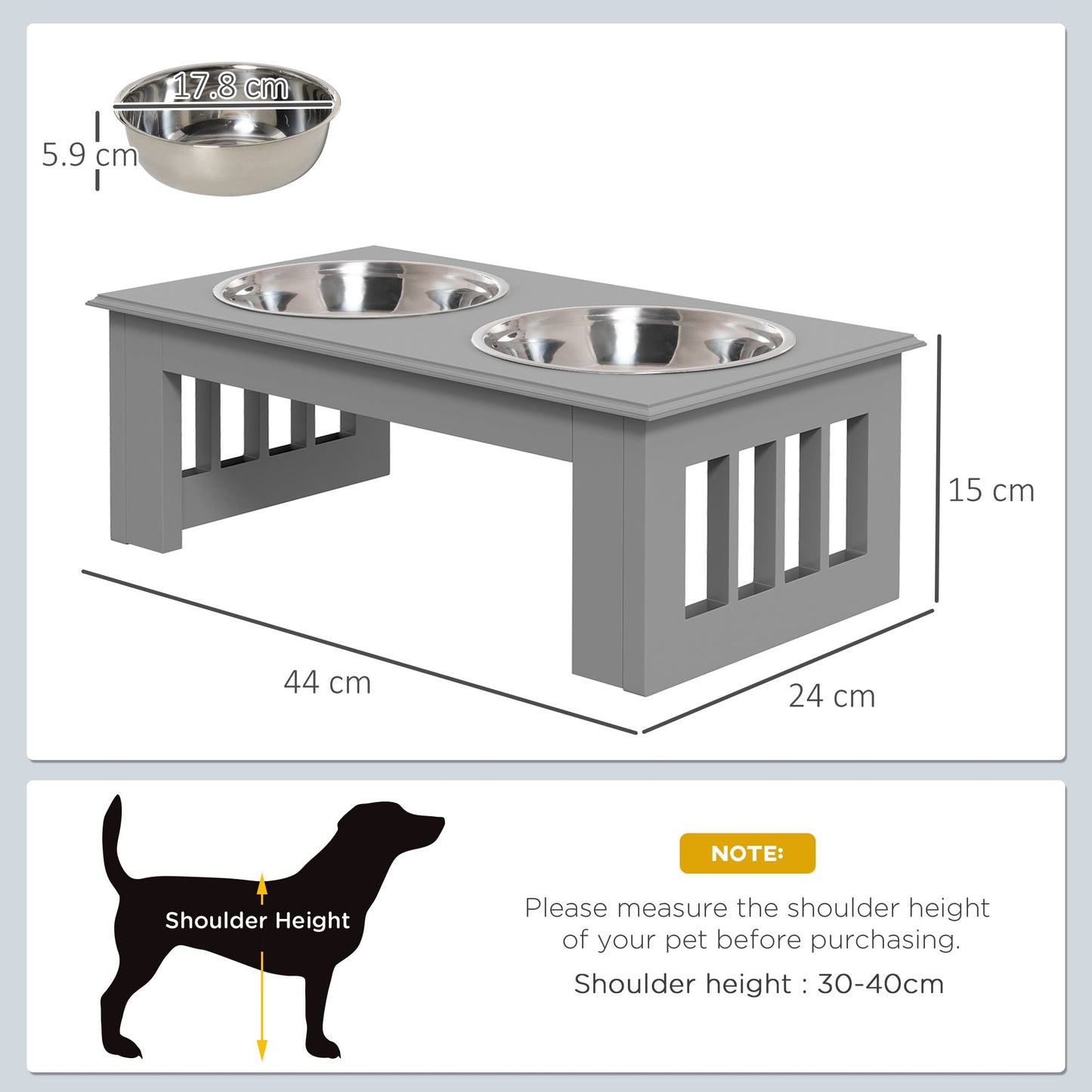 Raised Dog Bowl Feeding Bowls with Stand for Extra Small and Small Dogs Elevated Pet Bowls Water Food Feeder 44L x 24W x 15H cm - Grey