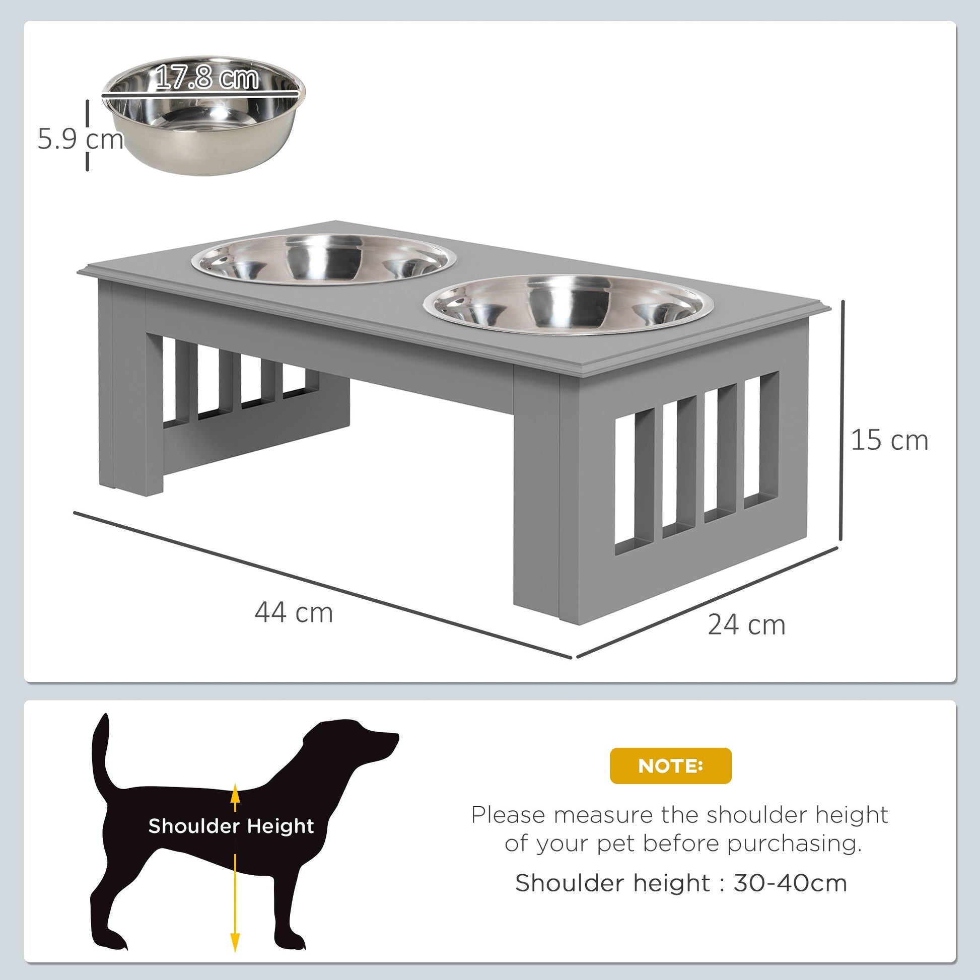 Raised Dog Bowl Feeding Bowls with Stand for Extra Small and Small Dogs Elevated Pet Bowls Water Food Feeder 44L x 24W x 15H cm - Grey