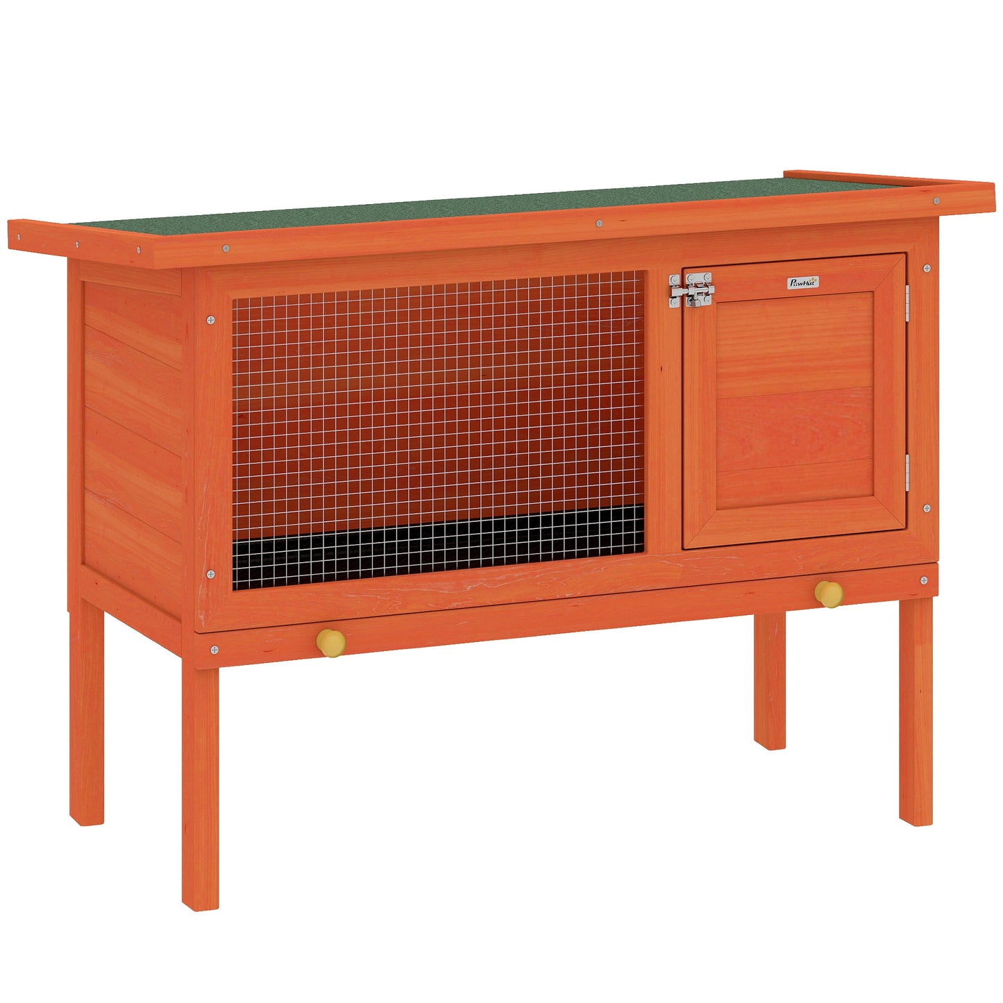 Wooden Rabbit Hutch, Guinea Pig Hutch with Openable Asphalt Roof and Pull-Out Tray, Outdoor Elevated Bunny House for Rabbits, Chinchillas and Small Animals, Indoor Outdoor Use, Orange