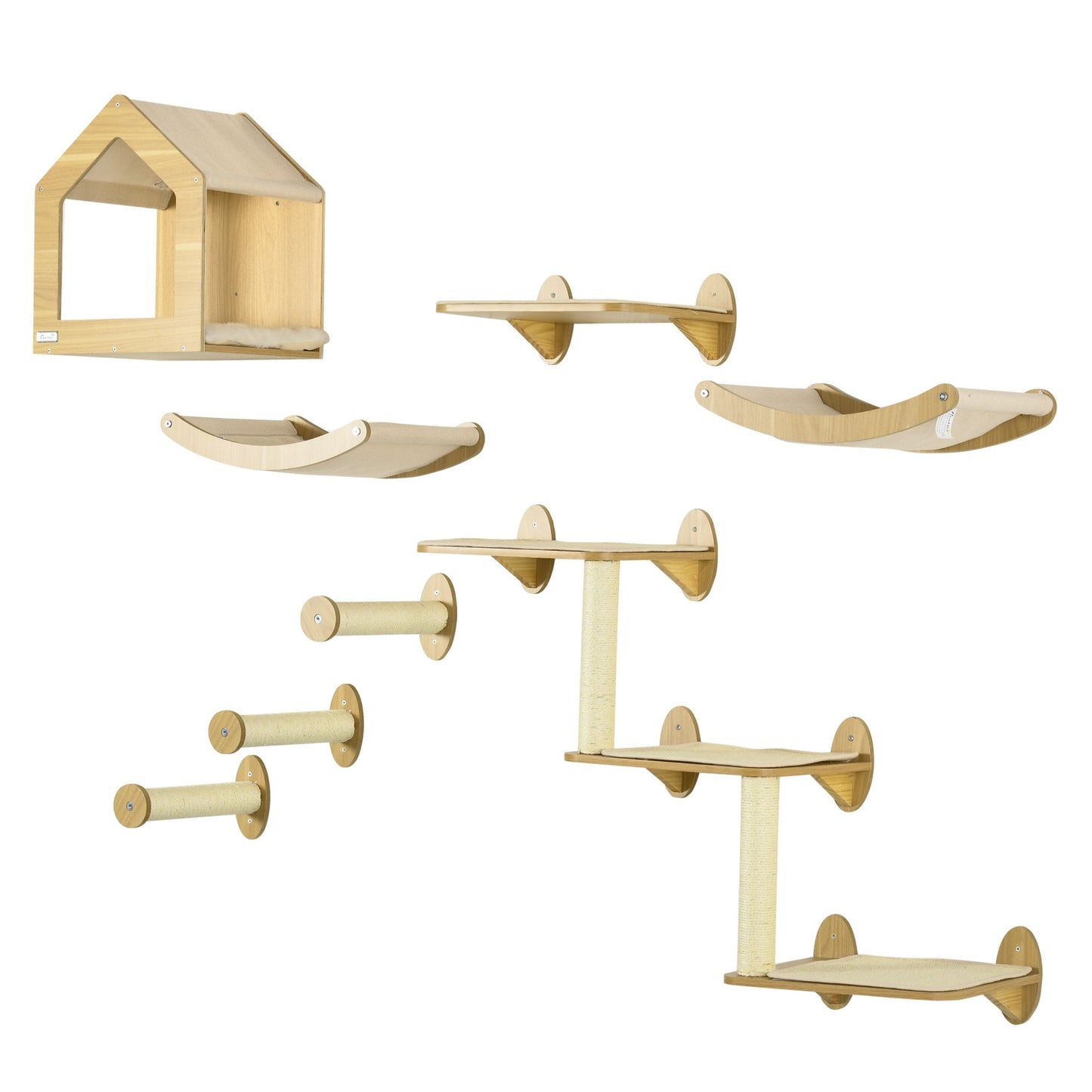 8 Piece Cat Shelves Set, Cat Wall Furniture with Condo, 3 Perches, 3 Scratching Posts, Steps, Wall Mounted Kitty Tree for Indoor Kittens, Beige