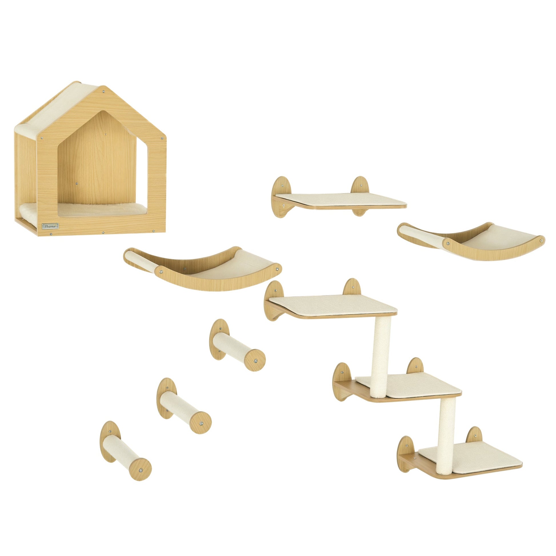 8 Piece Cat Shelves Set, Cat Wall Furniture with Condo, 3 Perches, 3 Scratching Posts, Steps, Wall Mounted Kitty Tree for Indoor Kittens, Beige