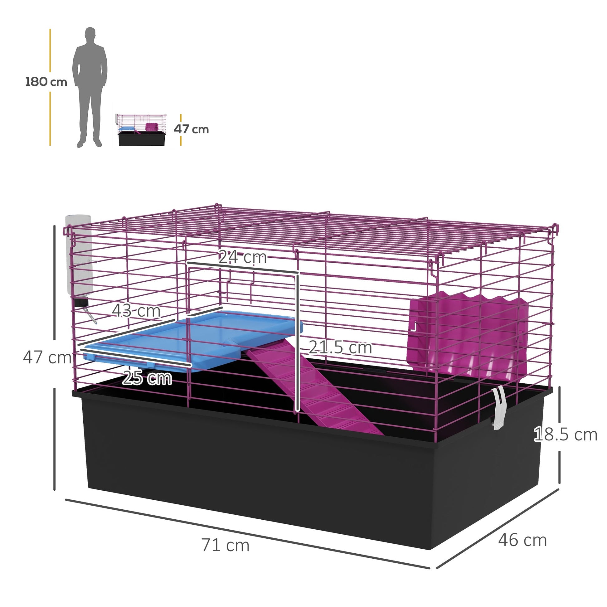 Guinea Pig Cage Chinchillas Rabbit Small Animal Cage with Ramp, Dish, Water Bottle, 71 x 46 x 47cm, Black