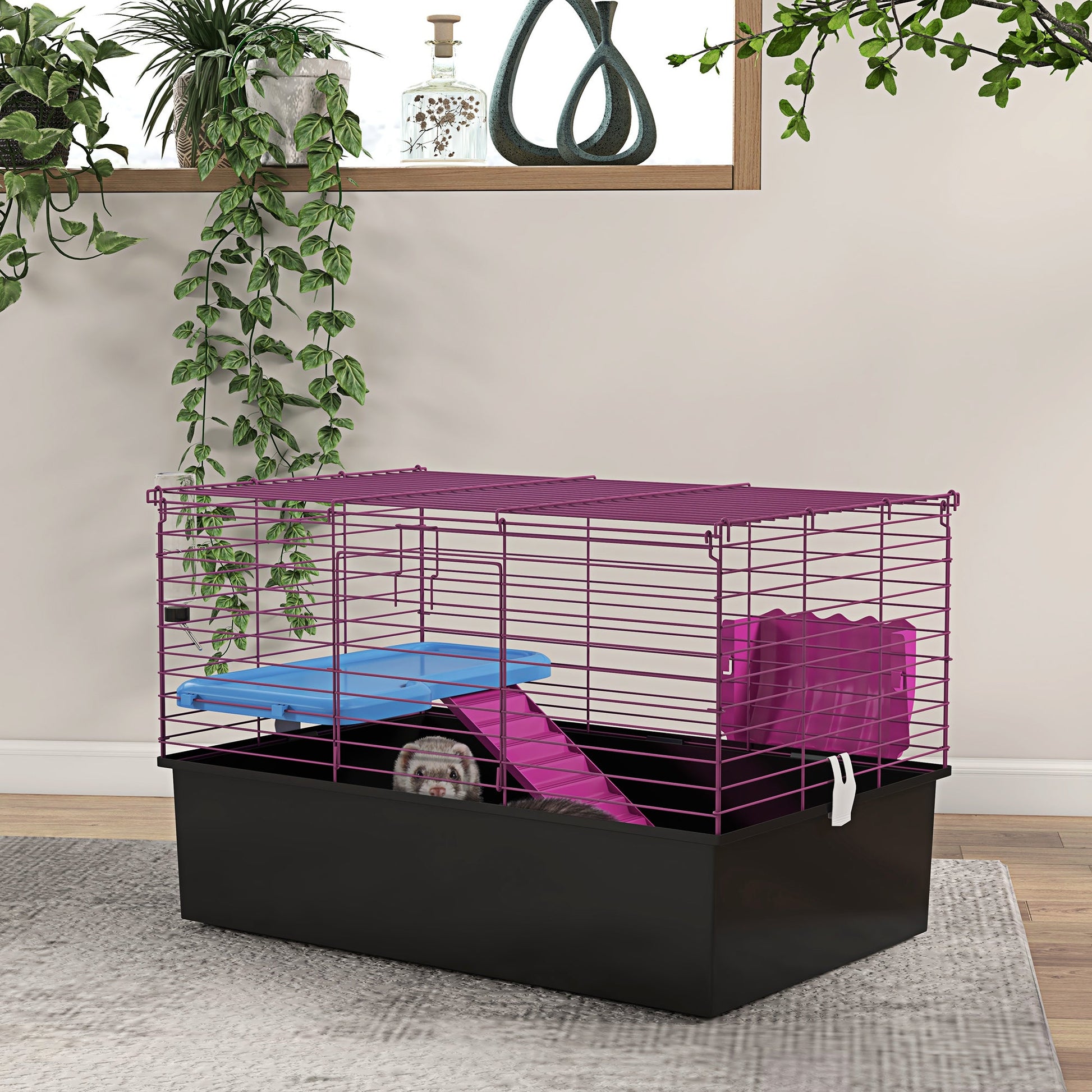 Guinea Pig Cage Chinchillas Rabbit Small Animal Cage with Ramp, Dish, Water Bottle, 71 x 46 x 47cm, Black
