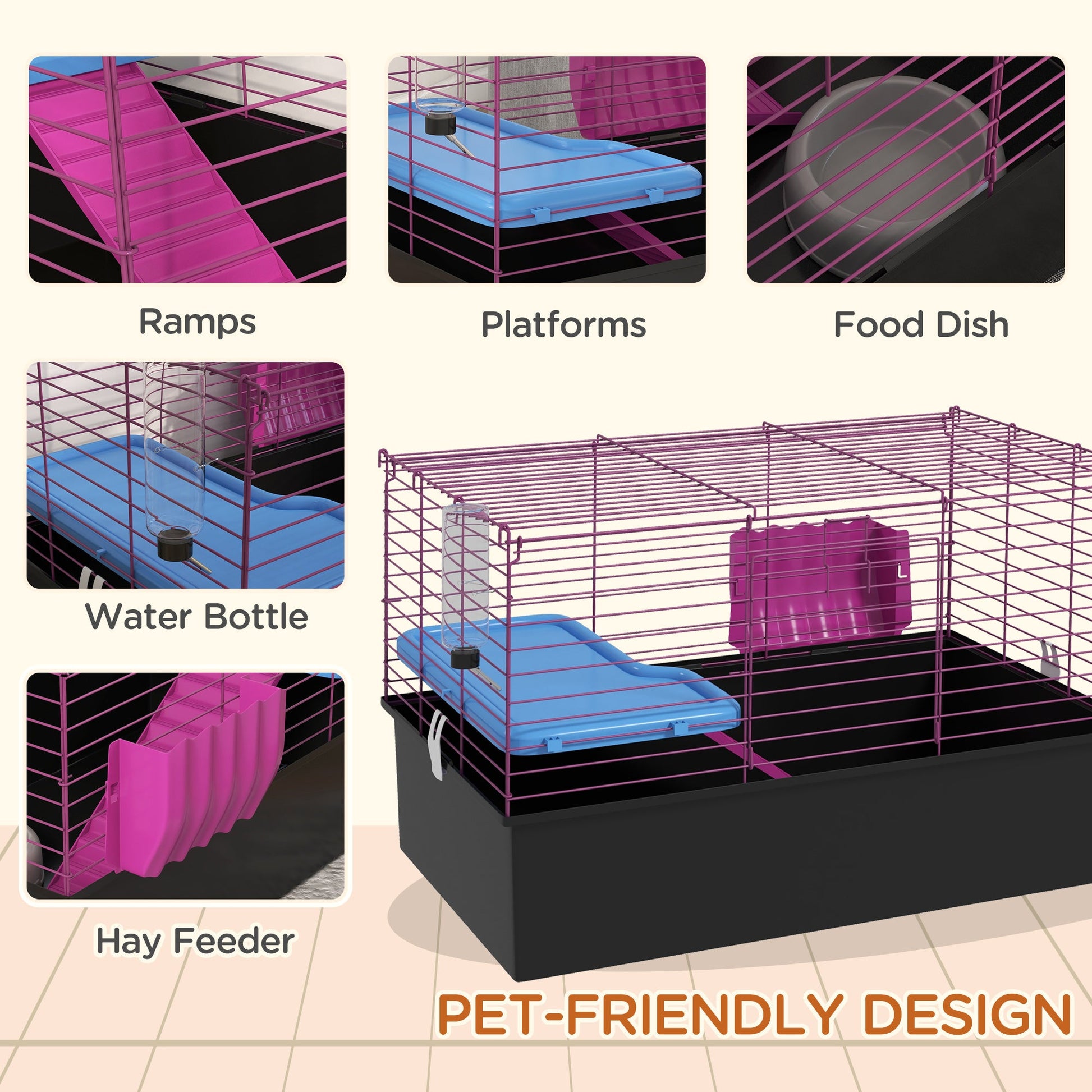 Guinea Pig Cage Chinchillas Rabbit Small Animal Cage with Ramp, Dish, Water Bottle, 71 x 46 x 47cm, Black