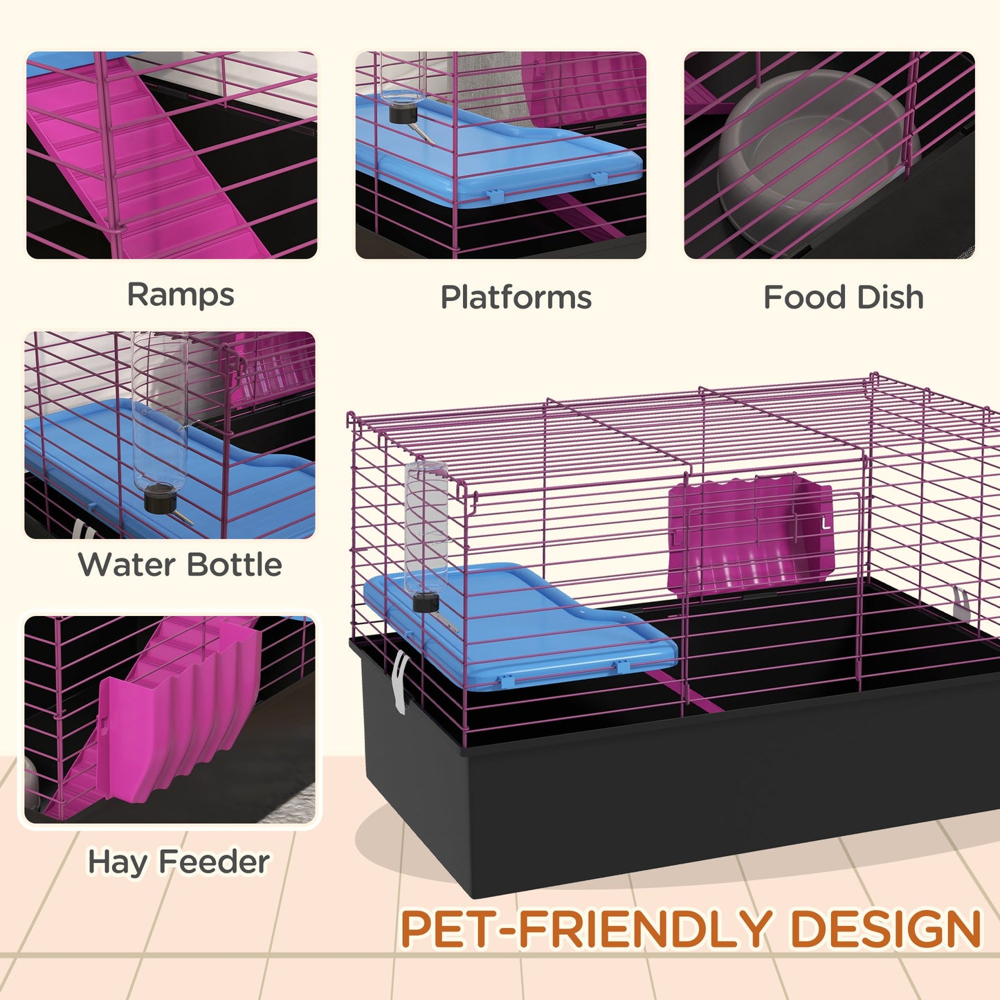 Guinea Pig Cage Chinchillas Rabbit Small Animal Cage with Ramp, Dish, Water Bottle, 71 x 46 x 47cm, Black