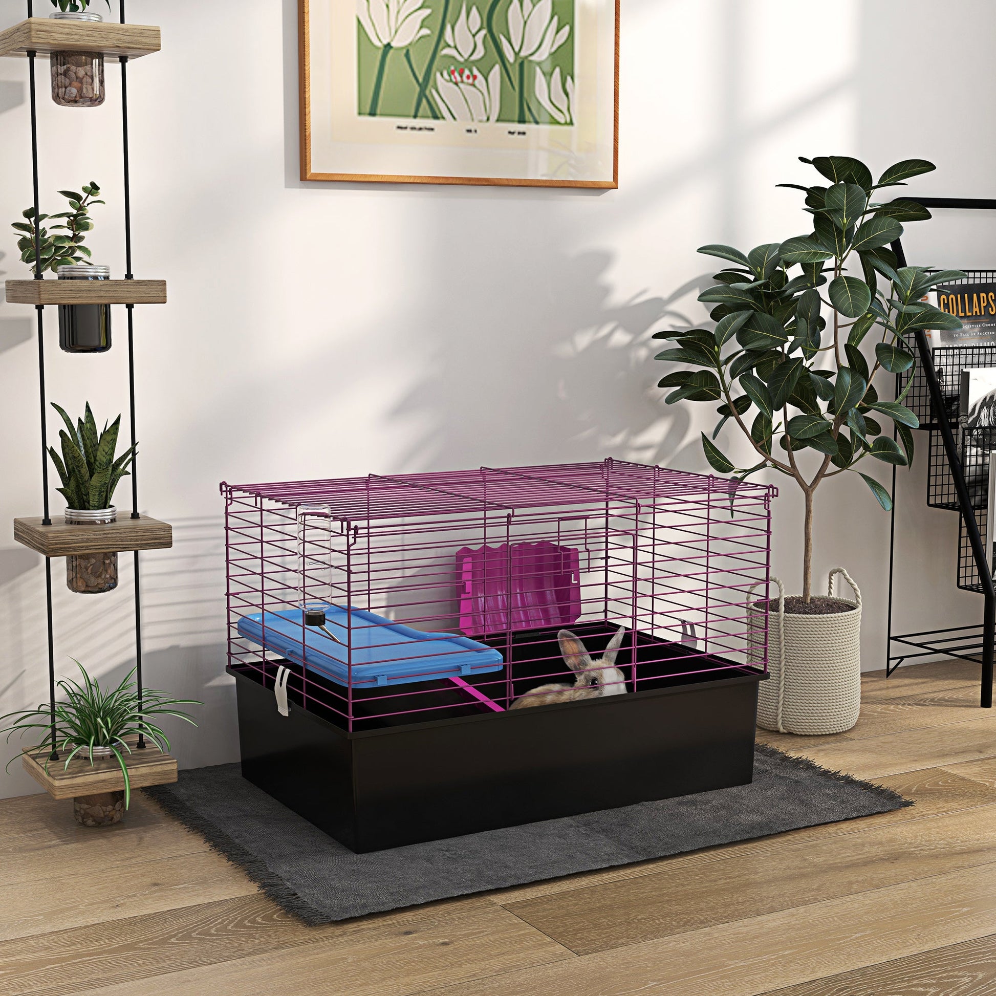 Guinea Pig Cage Chinchillas Rabbit Small Animal Cage with Ramp, Dish, Water Bottle, 71 x 46 x 47cm, Black