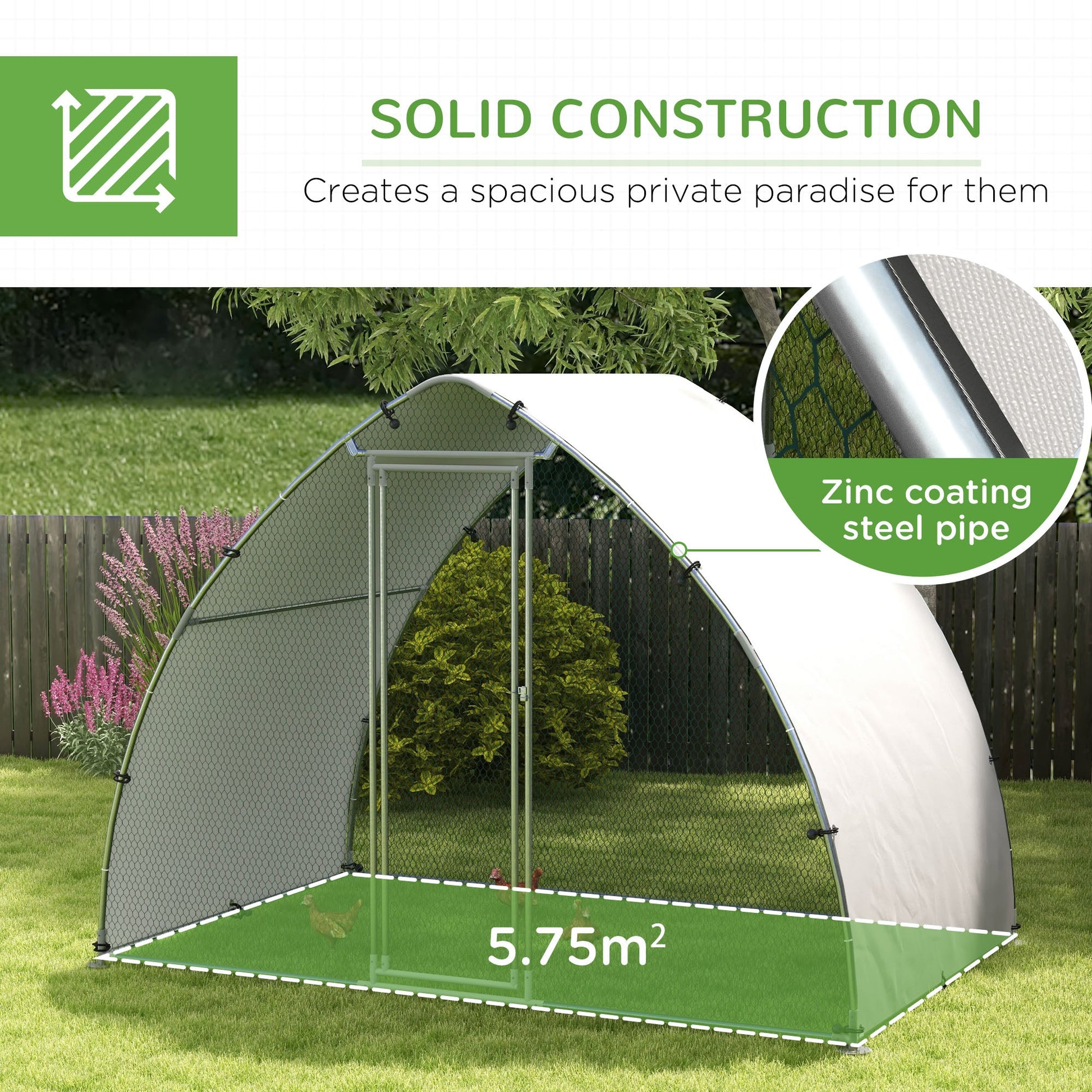 Walk In Chicken Run, Galvanised Chicken Coop Outdoor with Cover, Poultry Cage, for 8-12 Chickens, Hens, Ducks, Rabbits, 3 x 1.9 x 2.2m - Silver Tone