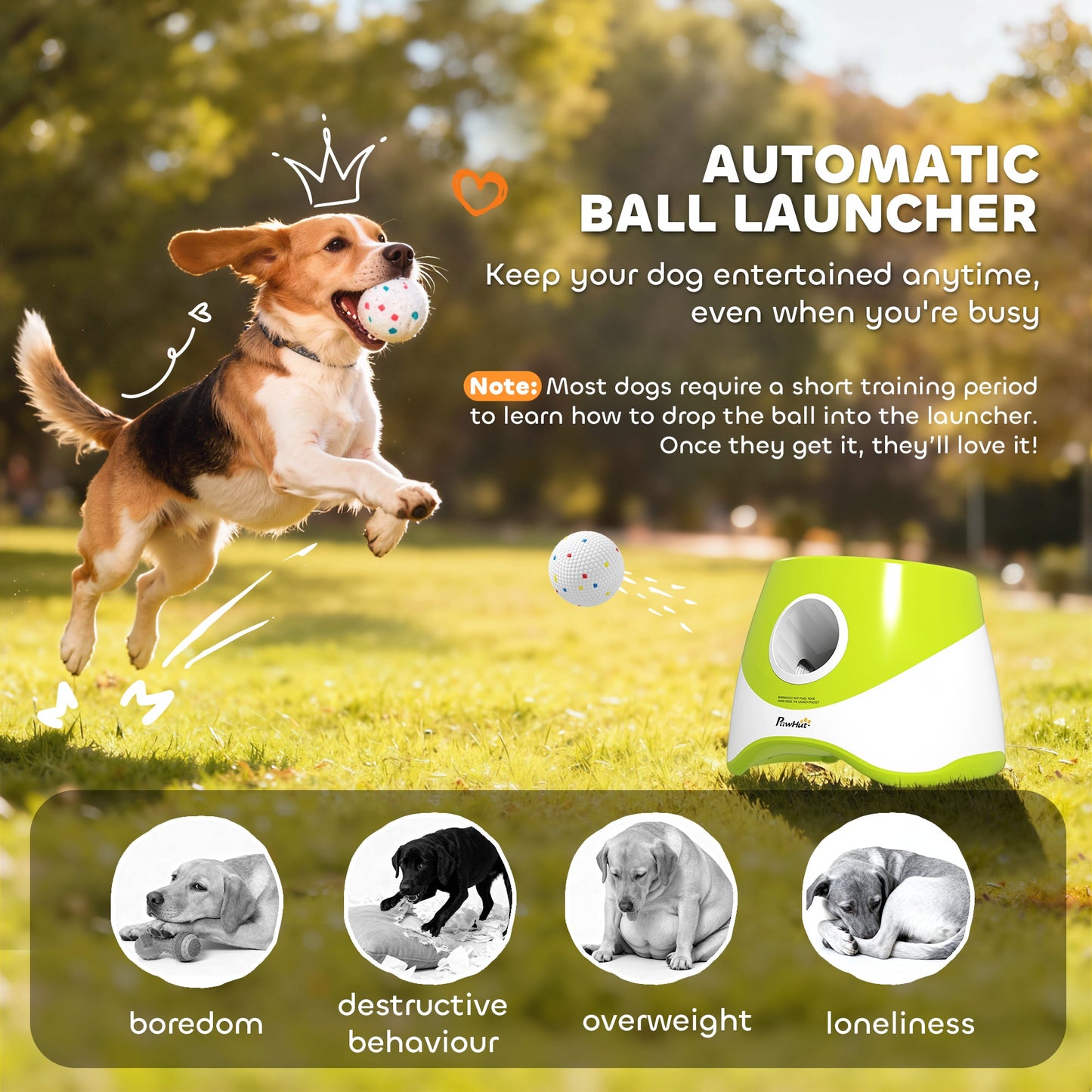 Automatic Dog Ball Launcher with 5 ETPU Tennis Balls, Dog Ball Thrower with 3 Distance Settings (20/33/46ft), Indoor Outdoor Interactive Toy for Small Medium Dogs, Green