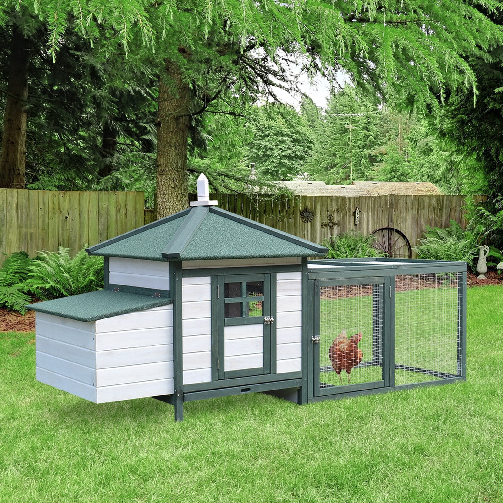 Chicken Coop with Chicken Run, Outdoor Hen House Poultry Cage with Nesting Box, Openable Top, 196 x 76 x 97cm, Green