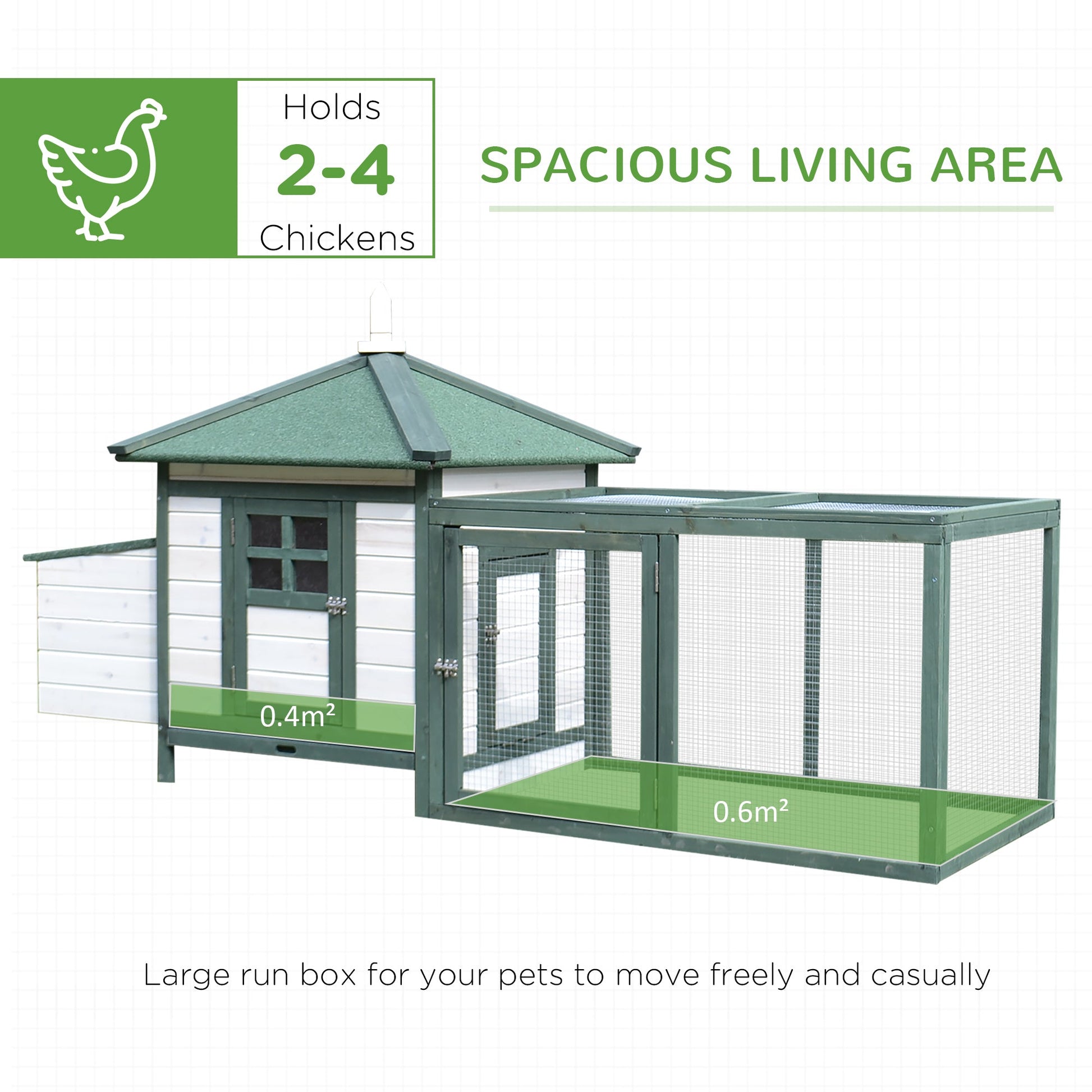 Chicken Coop with Chicken Run, Outdoor Hen House Poultry Cage with Nesting Box, Openable Top, 196 x 76 x 97cm, Green