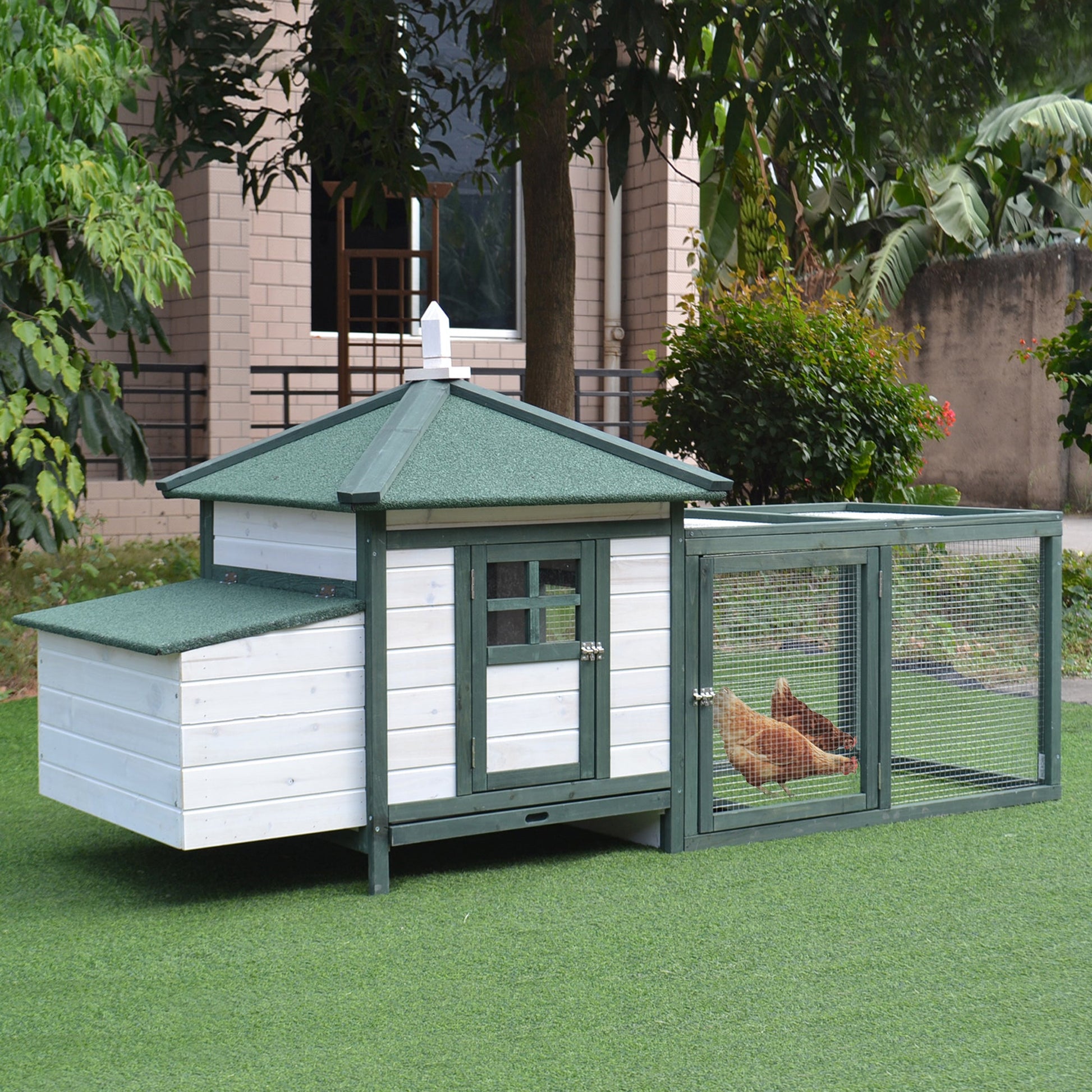 Chicken Coop with Chicken Run, Outdoor Hen House Poultry Cage with Nesting Box, Openable Top, 196 x 76 x 97cm, Green