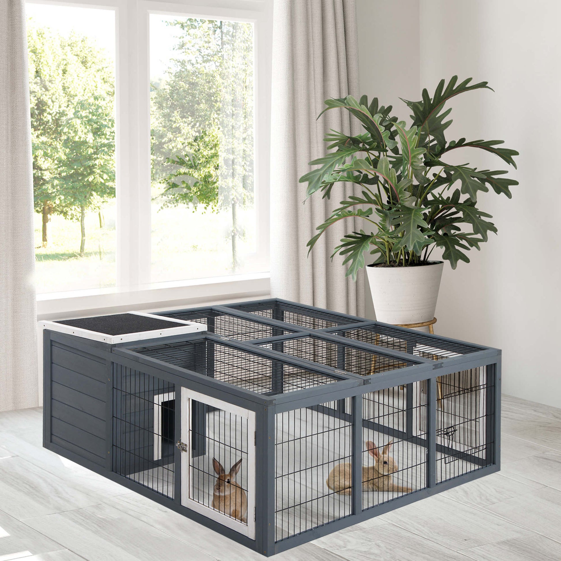 Rabbit Hutch Outdoor, Guinea Pig House, Bunny Run Cage with Openable Top for 1-2 Rabbits, 123 x 120 x 52cm, Grey
