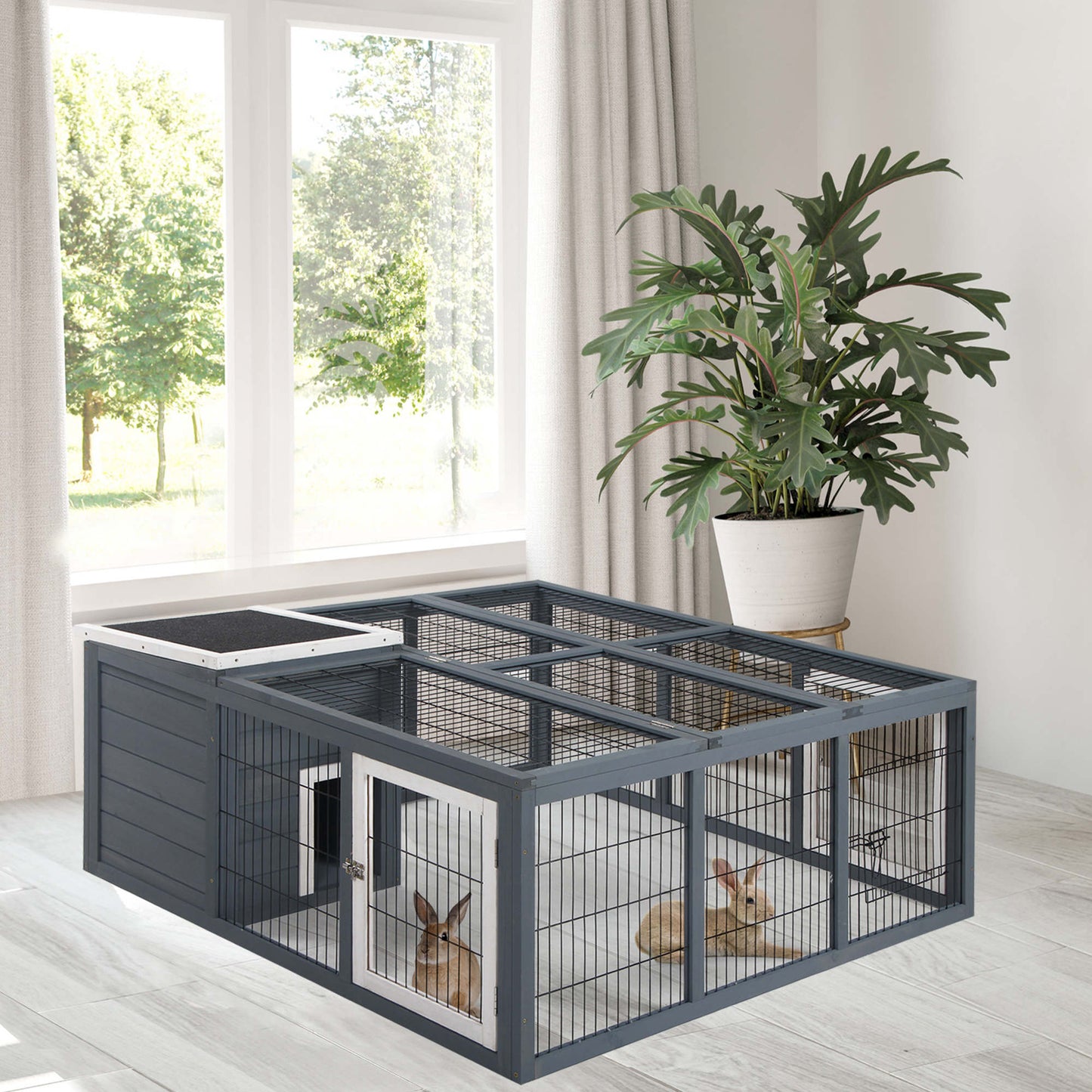 Rabbit Hutch Outdoor, Guinea Pig House, Bunny Run Cage with Openable Top for 1-2 Rabbits, 123 x 120 x 52cm, Grey