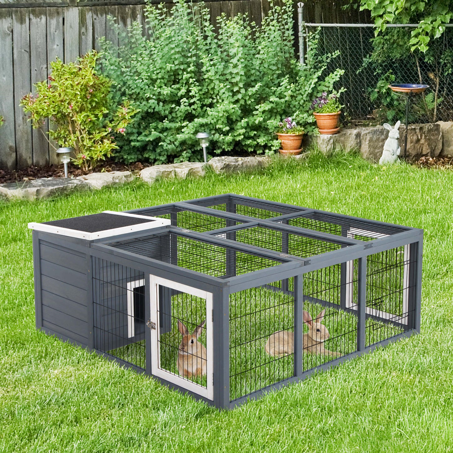 Rabbit Hutch Outdoor, Guinea Pig House, Bunny Run Cage with Openable Top for 1-2 Rabbits, 123 x 120 x 52cm, Grey
