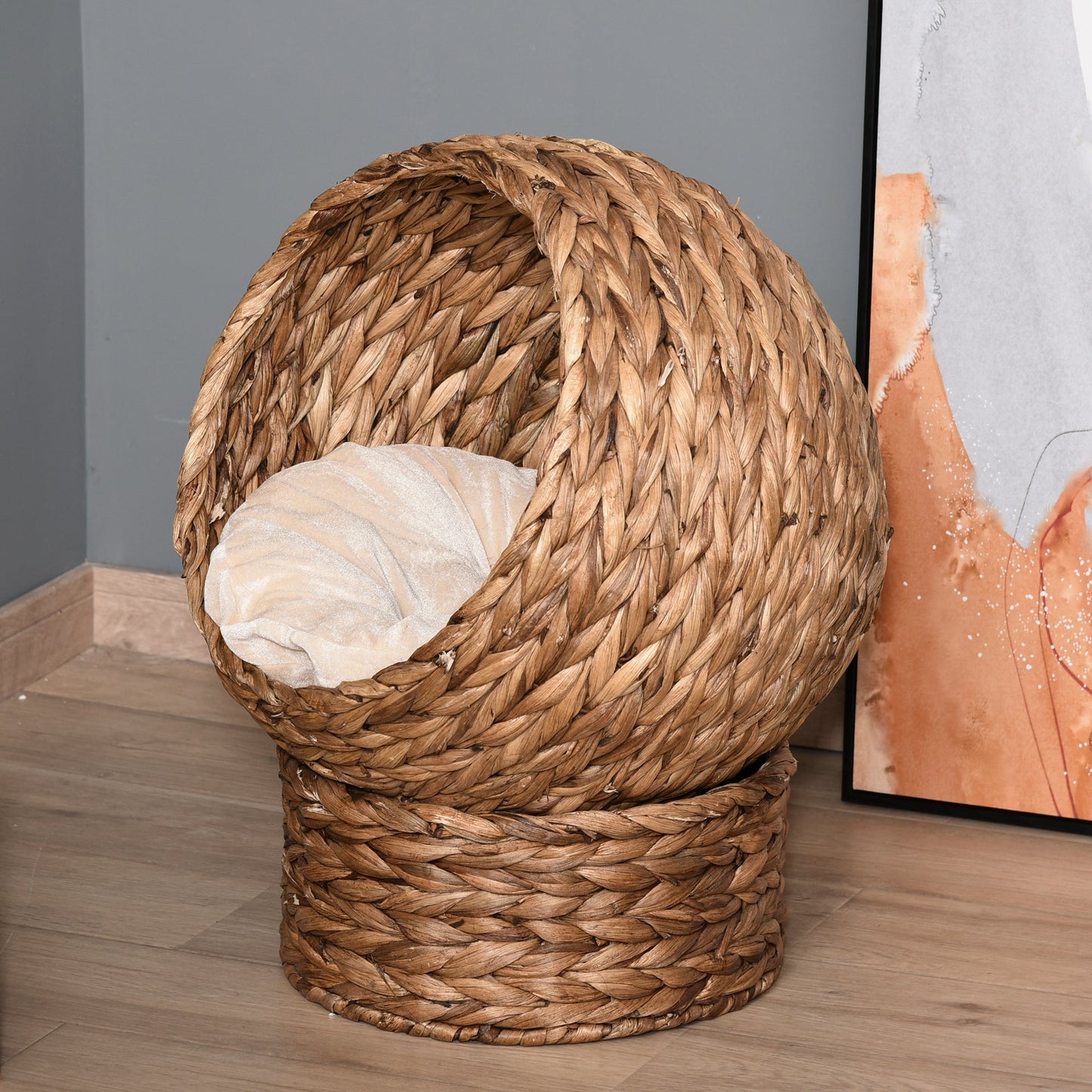 Woven Banana Leaf Elevated Cat Bed Wicker Kitten Basket Pet Den. House Cosy Cave with Soft Cushion Dome 50x42x60cm Brown