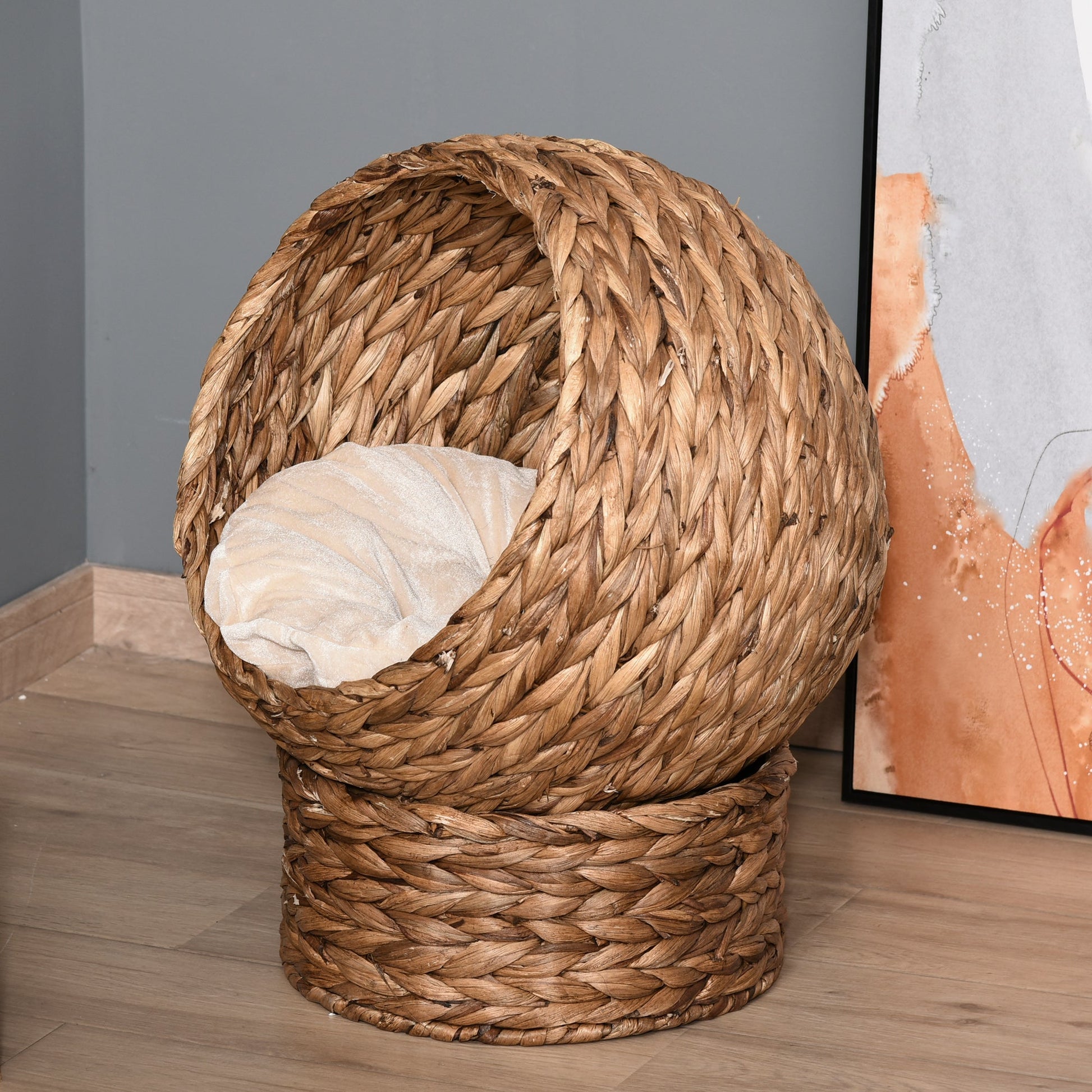 Woven Banana Leaf Elevated Cat Bed Wicker Kitten Basket Pet Den. House Cosy Cave with Soft Cushion Dome 50x42x60cm Brown