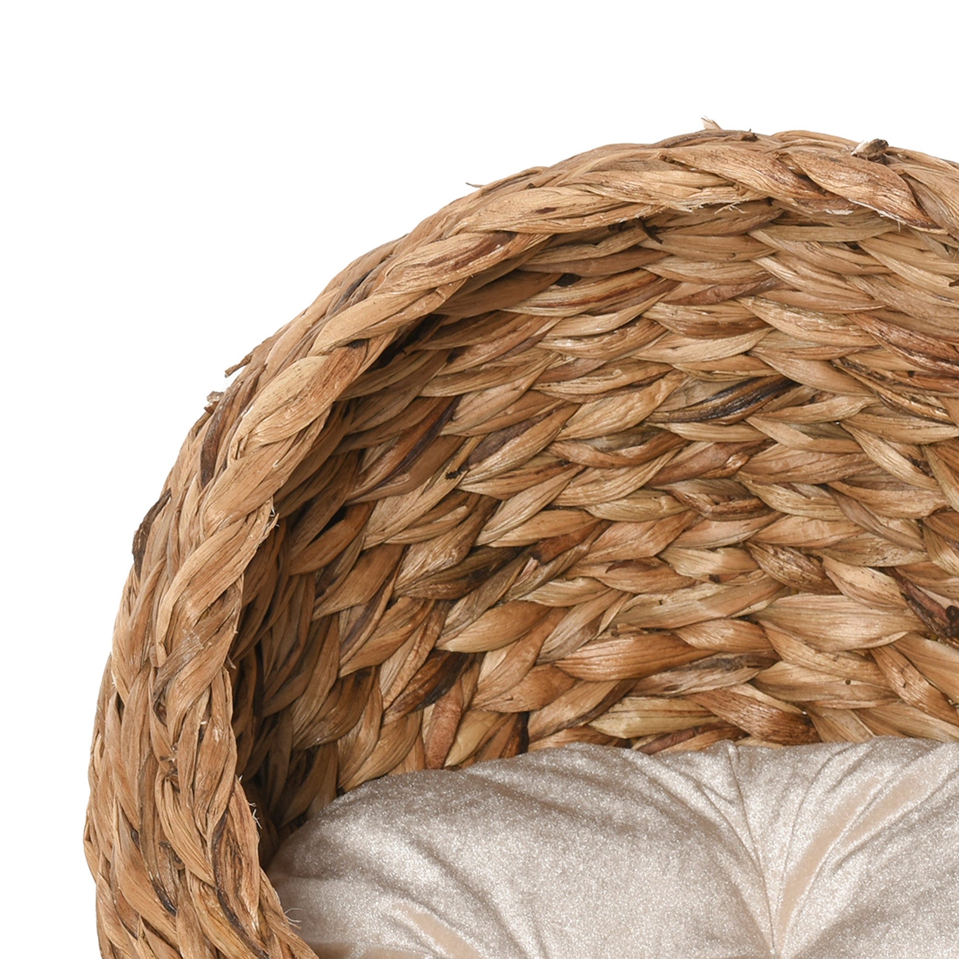 Woven Banana Leaf Elevated Cat Bed Wicker Kitten Basket Pet Den. House Cosy Cave with Soft Cushion Dome 50x42x60cm Brown